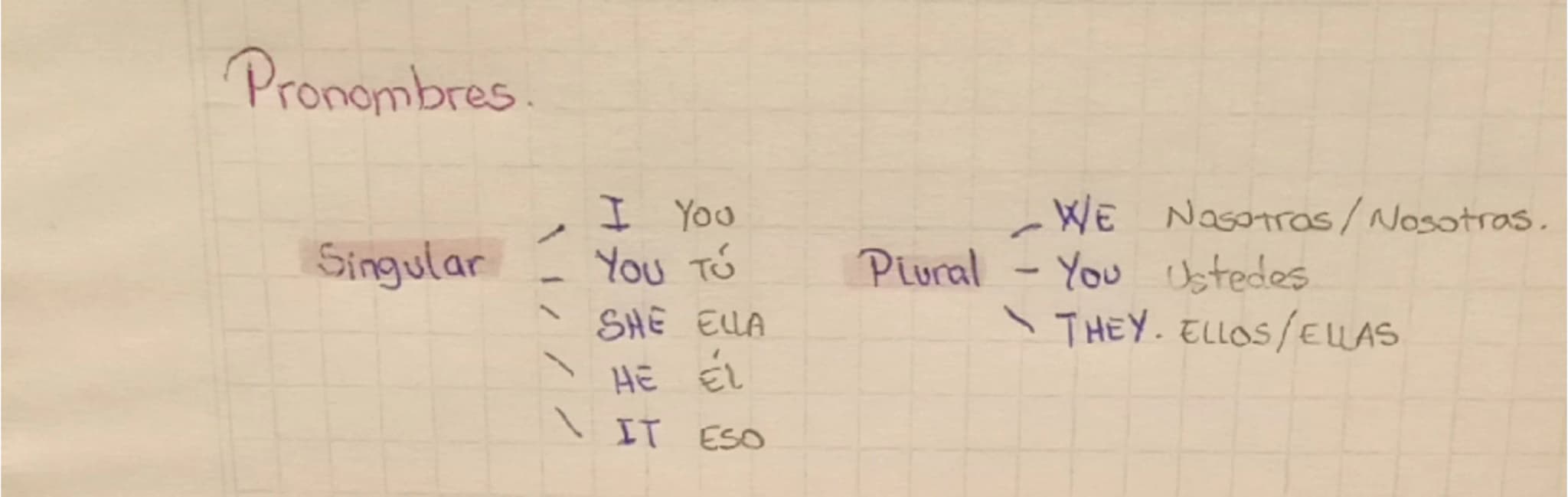 Pronombres

Singular
-
I You
You τύ
SHE ELLA
HE EL
IT ESO

Plural
WE Nosotras/Nosotras.
- You Ustedes
THEY. ELLOS/ELLAS