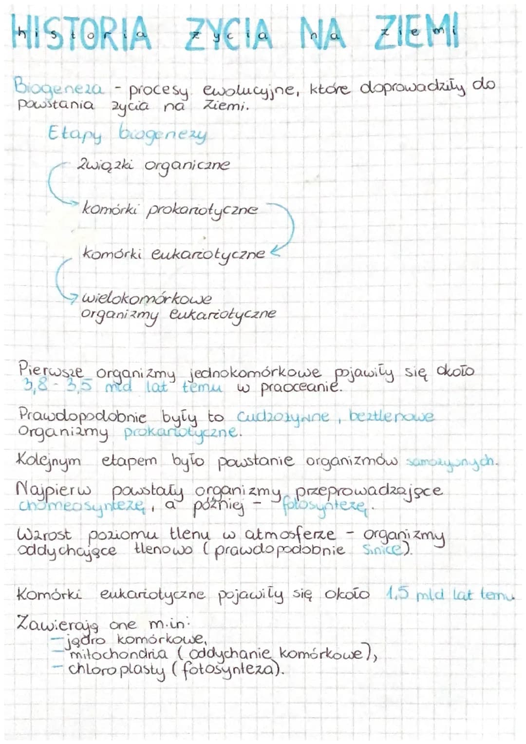 # HISTORIA ZYCIA NA ZIEMI

Biogeneza - procesy ewolucyjne, które doprowadziły do
powstania zycia na Ziemi.

## Etapy biogenezy

2wiązki orga