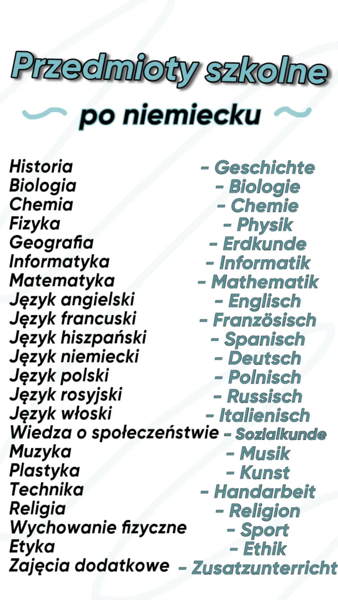 Przedmioty szkolne

po niemiecku

Historia
Biologia
Chemia
Fizyka
Geografia
Informatyka
Matematyka
Język angielski
Język francuski
Język his