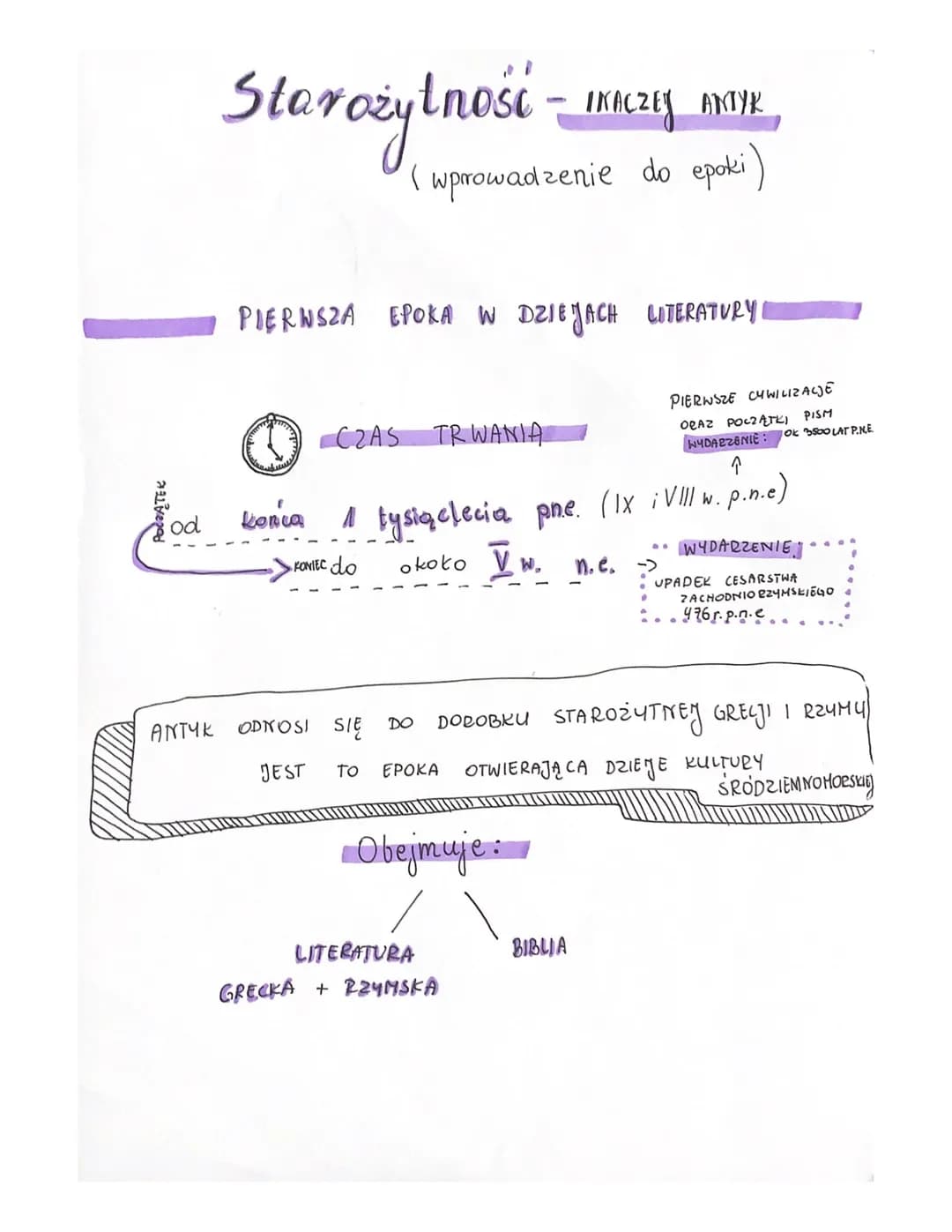 # Starożytność - INACZEJ ANTIK

(wprowadzenie do epoki)

PIERWSZA EPOKA W DZIEJACH LITERATURY

CZAS TRWANIA

PIERWSZE CYWILIZALJE
ORAZ POCZĄ