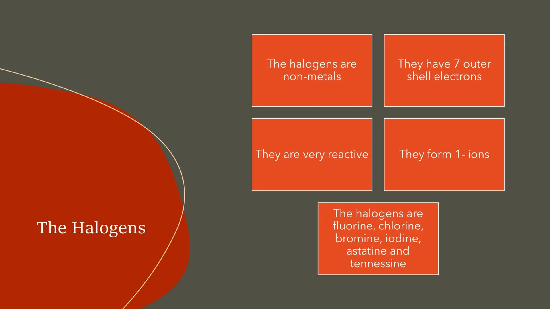 # Group 7 – the
Halogens The Halogens

The halogens are
non-metals

They have 7 outer
shell electrons

They are very reactive They form 1- i