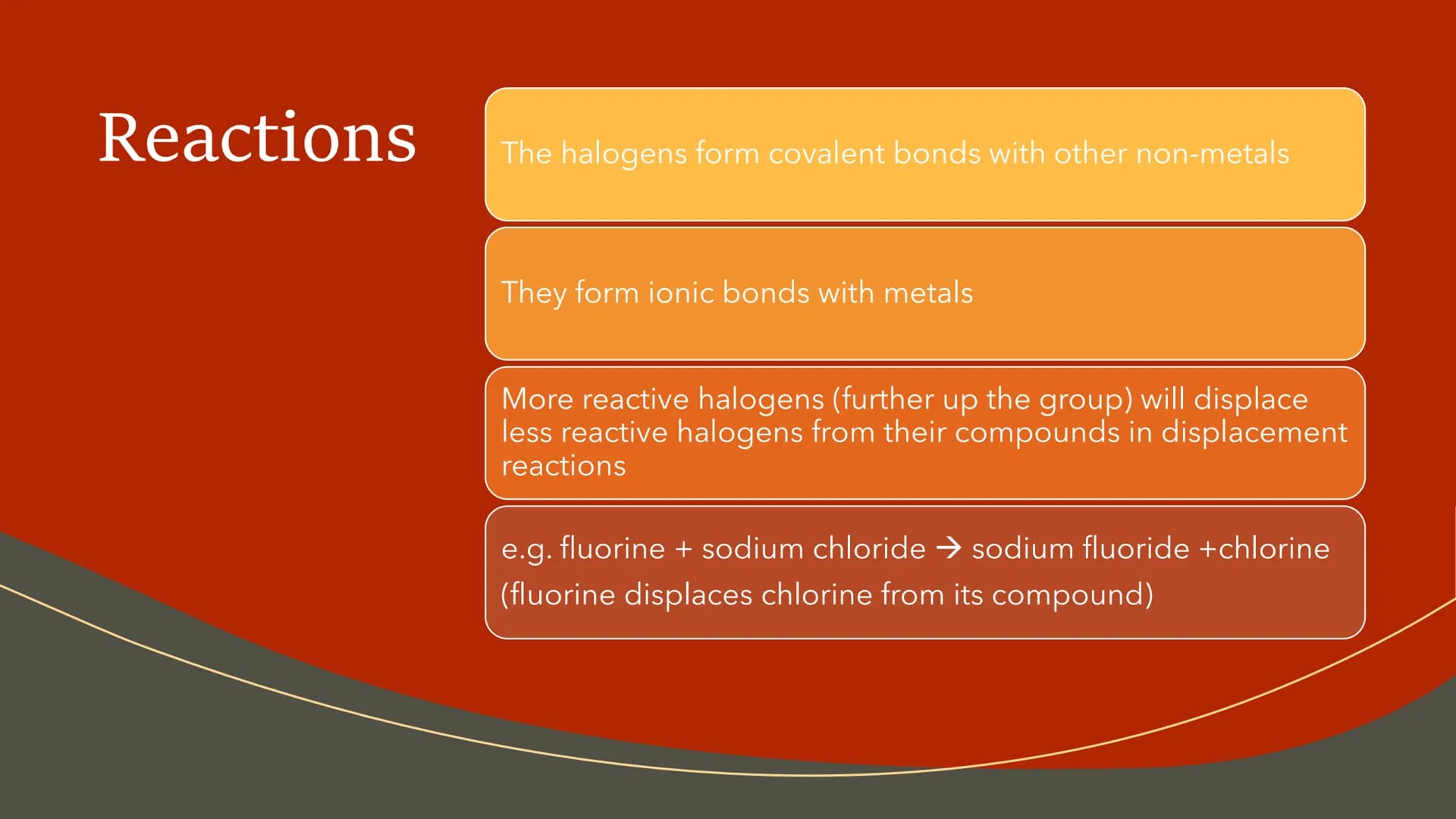# Group 7 – the
Halogens The Halogens

The halogens are
non-metals

They have 7 outer
shell electrons

They are very reactive They form 1- i