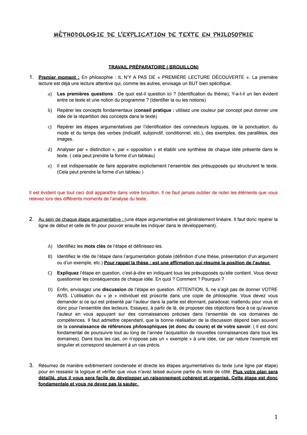 # MÉTHODOLOGIE DE L'EXPLICATION DE TEXTE EN PHILOSOPHIE

TRAVAIL PRÉPARATOIRE (BROUILLON)

1. Premier moment: En philosophie: IL N'Y A PAS D
