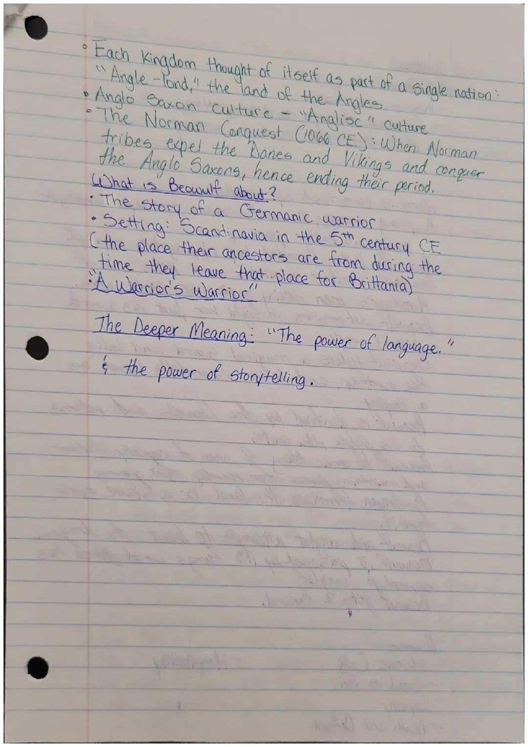 Beowulf, Lesson 1: Introducing the Anglo Saxons Notes

•The Anglo-Saxon period spans from the 5th to
11th century (450 CE-1066 CE)
Moves thr