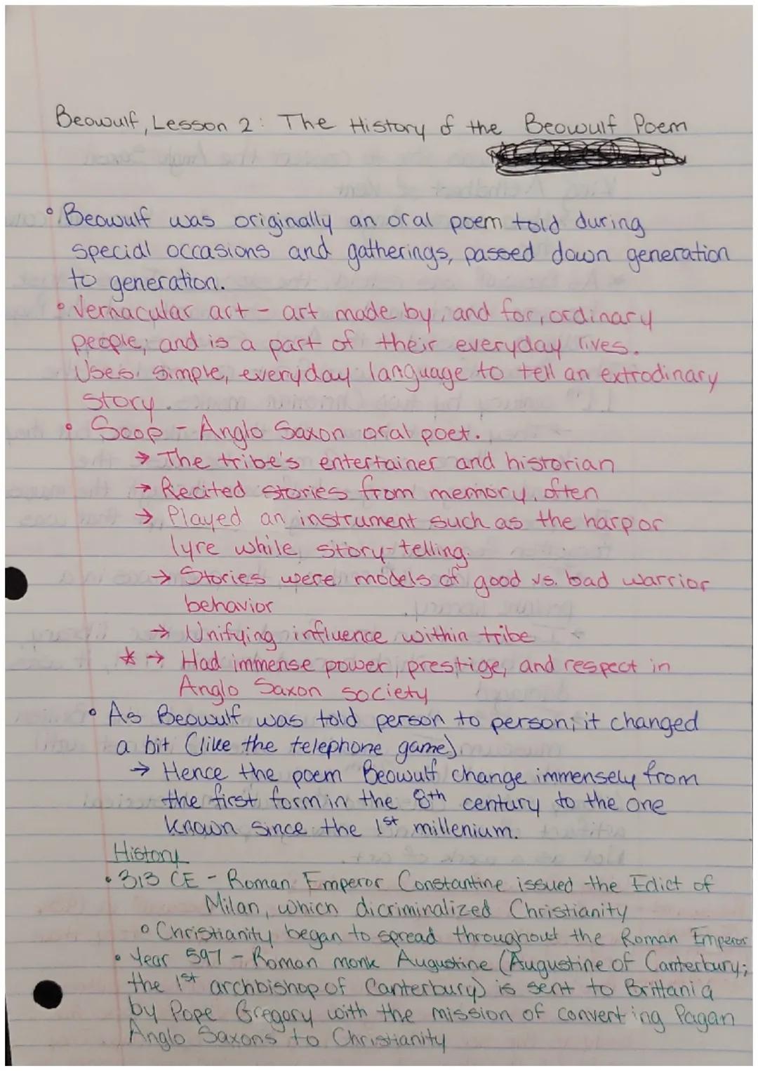 Beowulf, Lesson 1: Introducing the Anglo Saxons Notes

•The Anglo-Saxon period spans from the 5th to
11th century (450 CE-1066 CE)
Moves thr