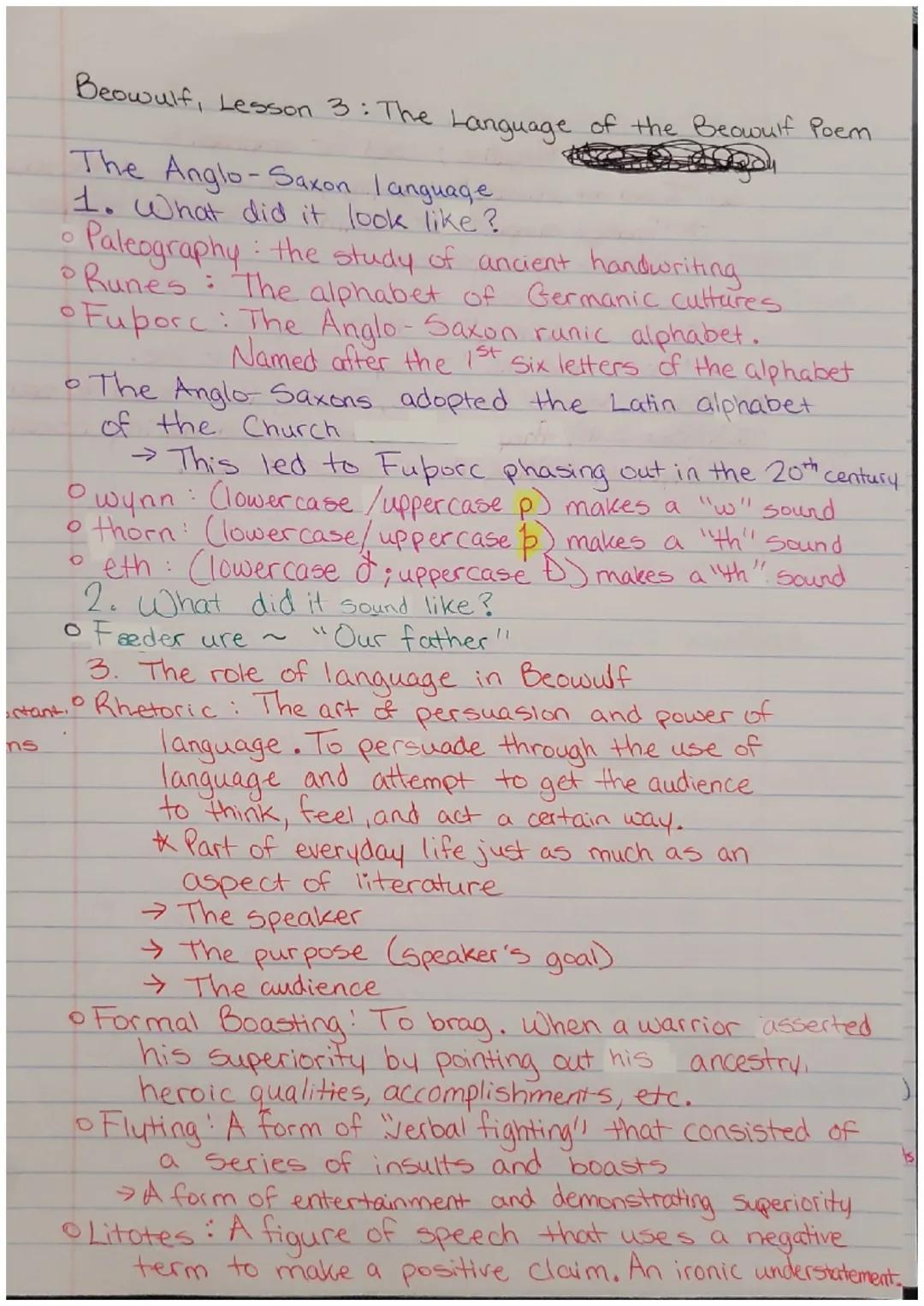 Beowulf, Lesson 1: Introducing the Anglo Saxons Notes

•The Anglo-Saxon period spans from the 5th to
11th century (450 CE-1066 CE)
Moves thr