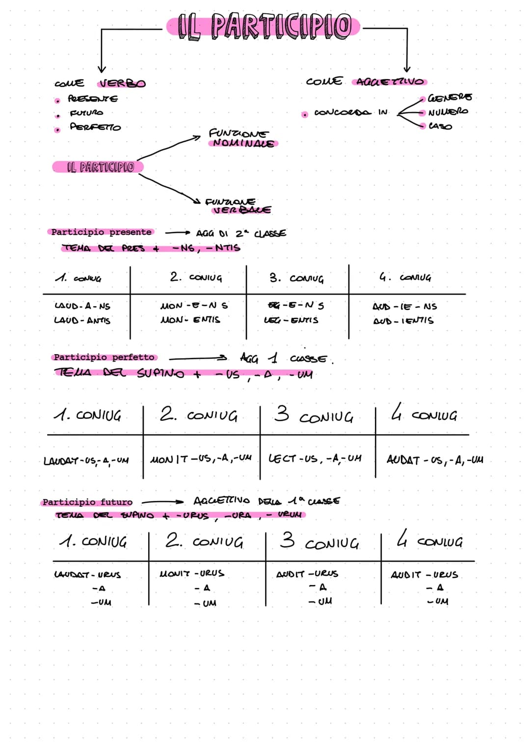 # IL PARTICIPIO

COME VERBO
- PRESENTE
- FUTURO
- PERFETTO

IL PARTICIPIO

COME AGGETTIVO
- CONCORDA IN
  - GENERE
  - NUMERO
  - CASO

FUNZ