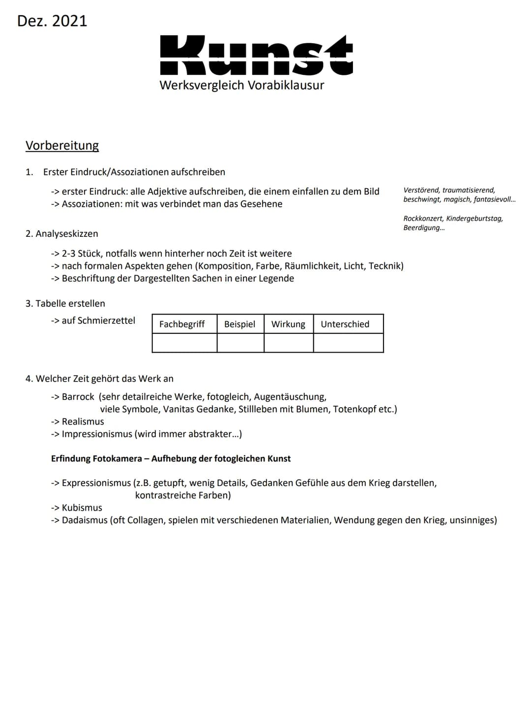 Dez. 2021

# Kunst
Werksvergleich Vorabiklausur

## Vorbereitung

1. Erster Eindruck/Assoziationen aufschreiben

-> erster Eindruck: alle Ad