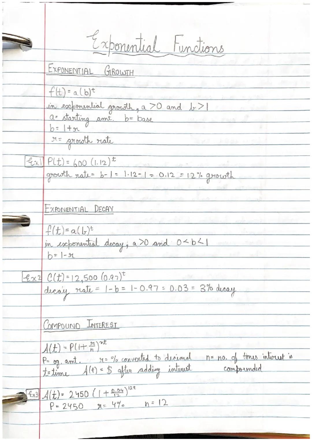# Exponential Functions

## EXPONENTIAL GROWTH

$f(t) = a (b)^t$

in escxponential growth, a 70 and b>1
a starting amt. b= base
b= 1tr
= gro