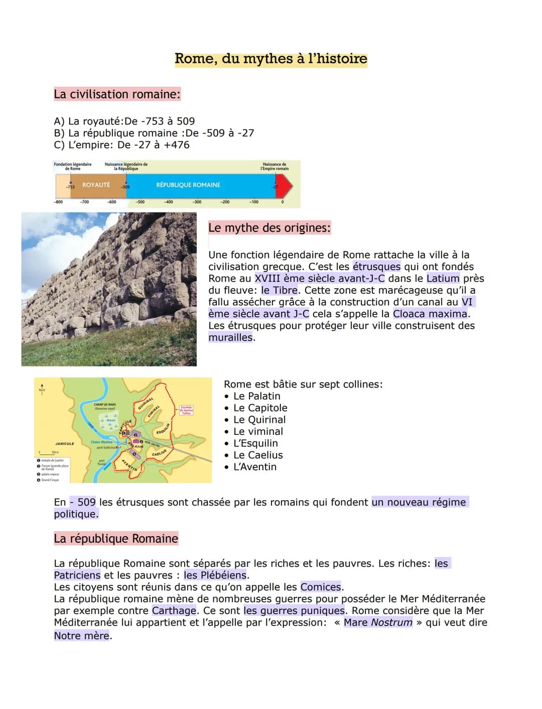 # Rome, du mythes à l'histoire

La civilisation romaine:
A) La royauté: De -753 à 509
B) La république romaine: De -509 à -27
C) L'empire: D