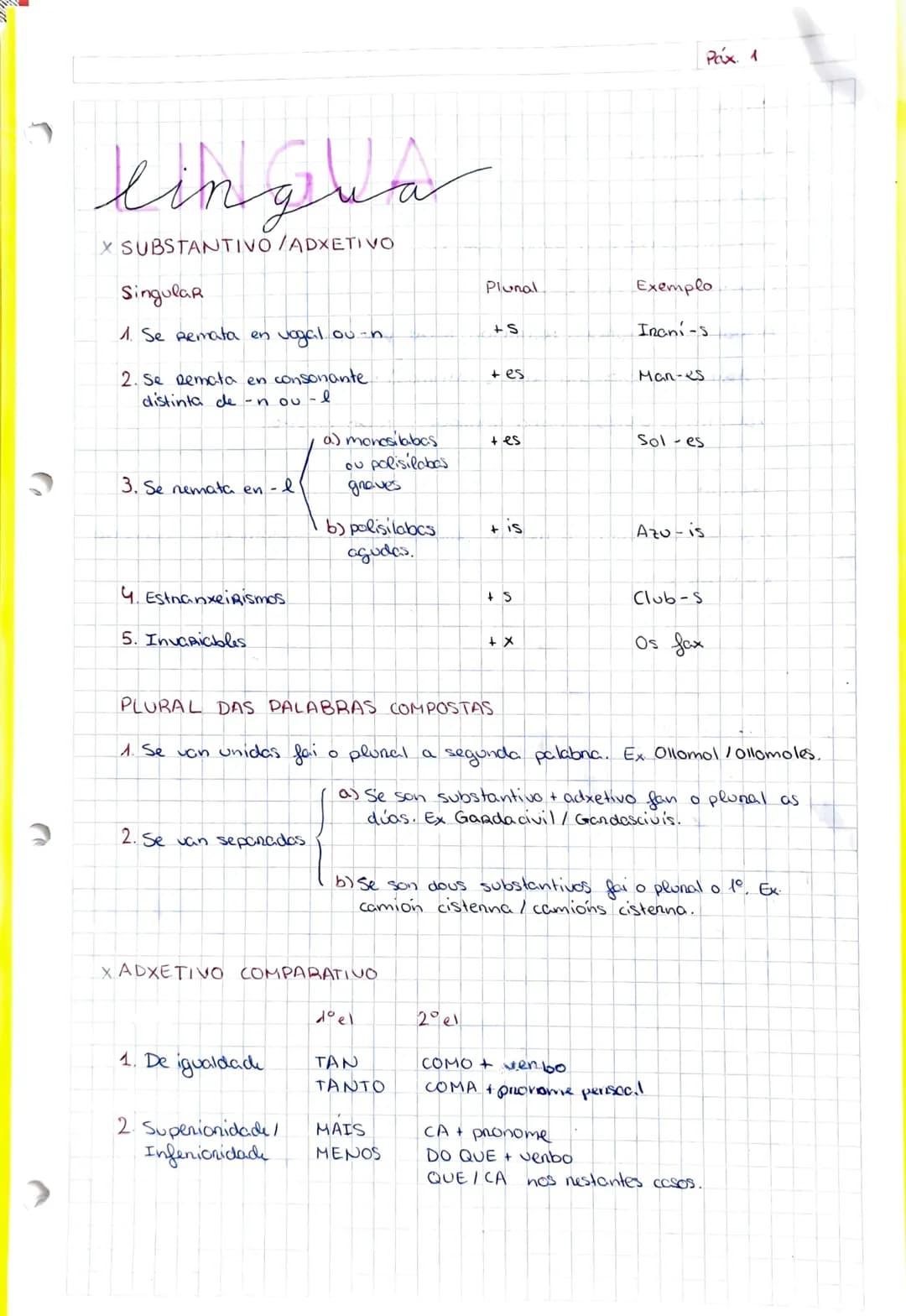 # lingua

X SUBSTANTIVO/ADXETIVO

Singular

Pax. 1

Plunal

Exemplo

1. Se remata en vogal ou-n

+S

Inani-s

2. Se remata en consonante

+ 