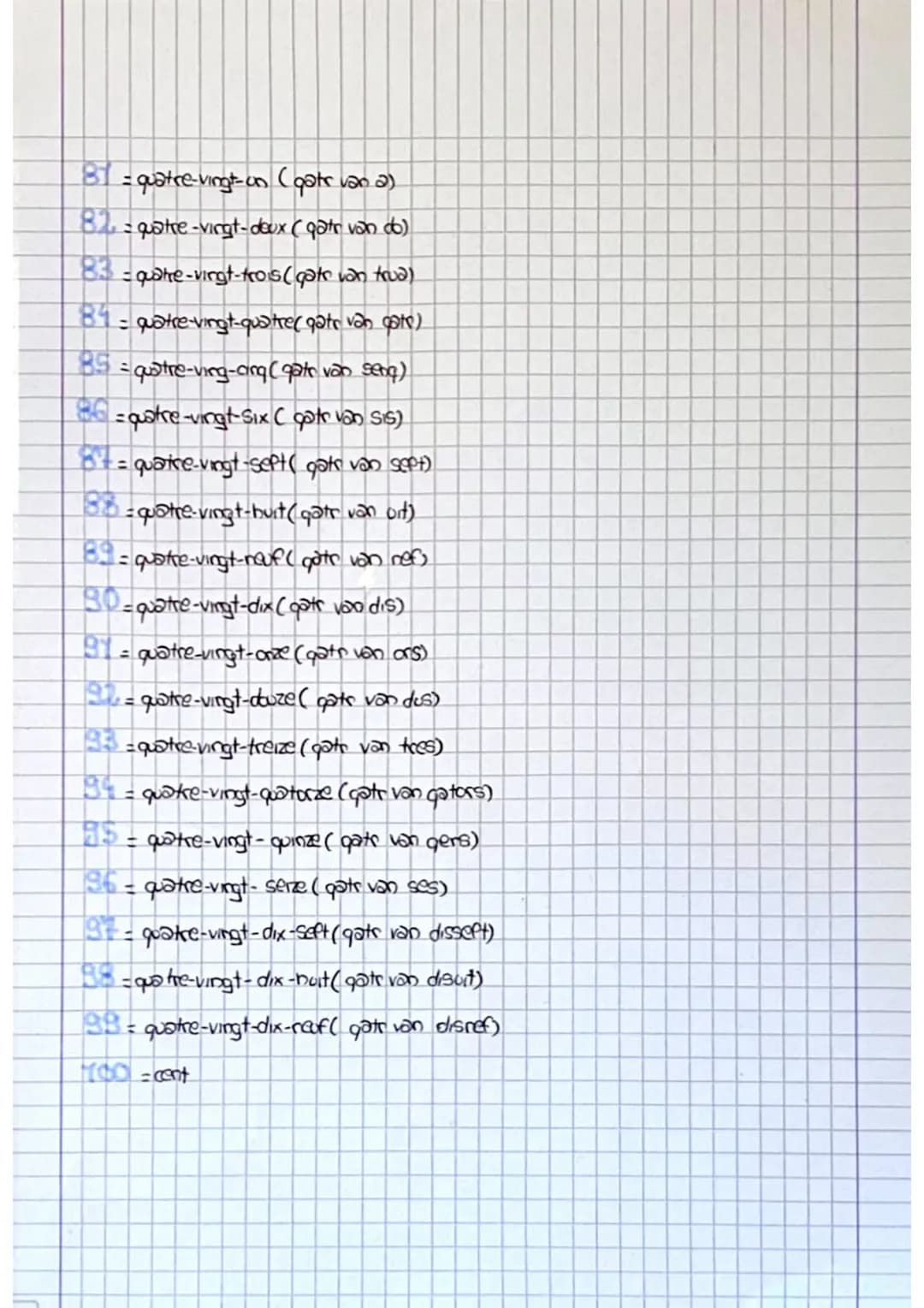 # les nombres

1=05 (28)

2 = deux (do)

3 = trois (trua)

= quatre (ptr)

5 = cing (seng)

6 Six (GIS)

sept (sept)

8 = hurt (ust)

neuf (