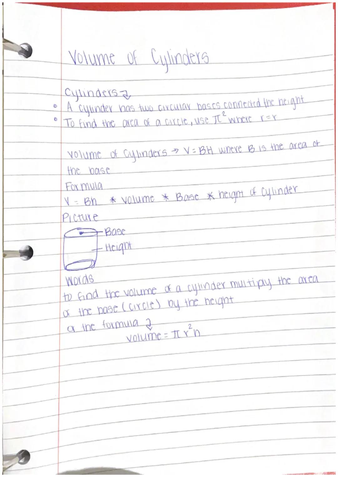 Volume of Cylinders

Cylinders
- A cylinder has two circular bases connected the height
- To find the area of a circle, use $It^2$ where r=r