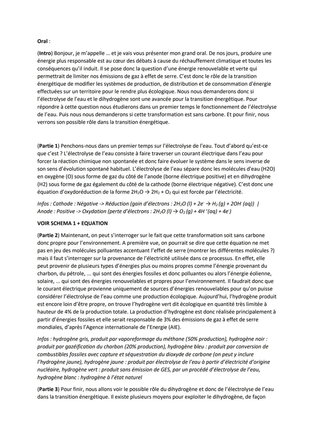 # Le dihydrogène obtenu par l'électrolyse de l'eau, une avancée pour
la transition énergétique ?

Documents jury:

Schéma:

Eau
H20

Anode

