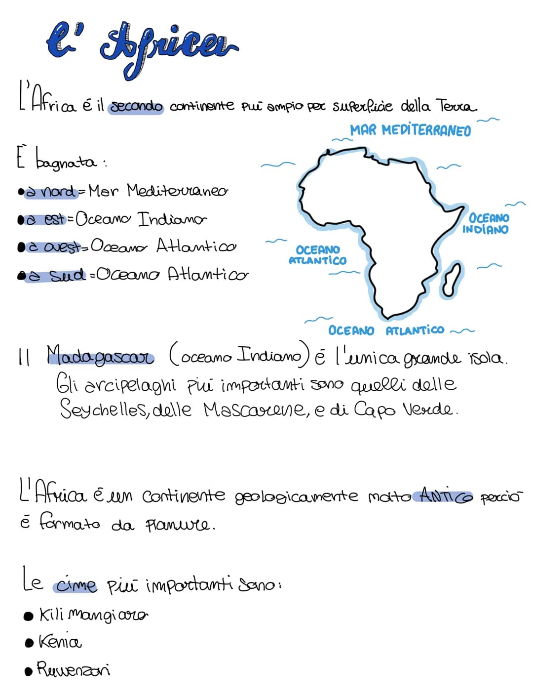 # l' Africa

L'Africa é il secondo continente pui ampio per superficie della Terra.

E bagnata:

*   a nord = Mar Mediterraneo
*   a est=Oce