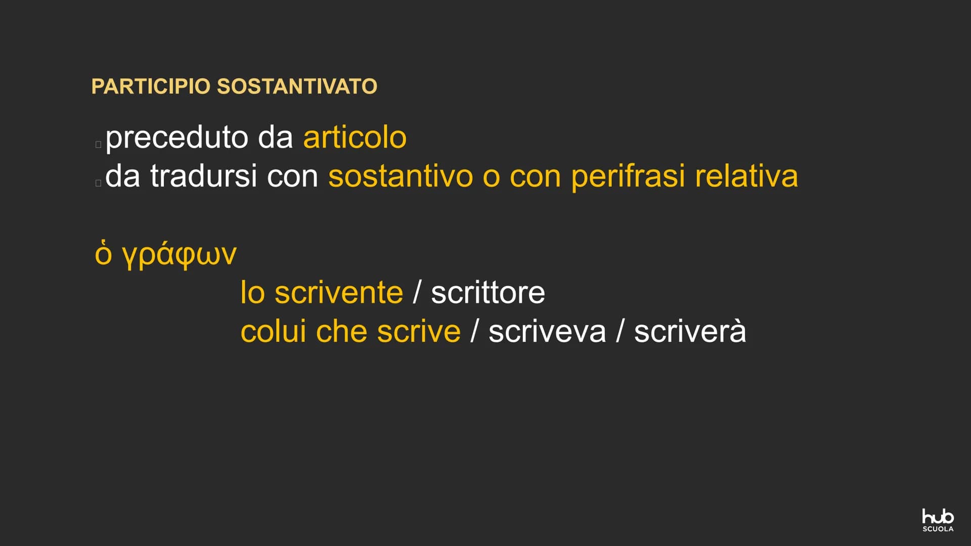 ΚΡΑΤΟΥΣ ΦΙΛΟΣΕ

IL PARTICIPIO
SOSTANTIVATO,
ATTRIBUTIVO E CONGIUNTO

ΑΙΦΙΛΟΤΕΙΜΟ Participio sostantivato
Participio attributivo PARTICIPIO S