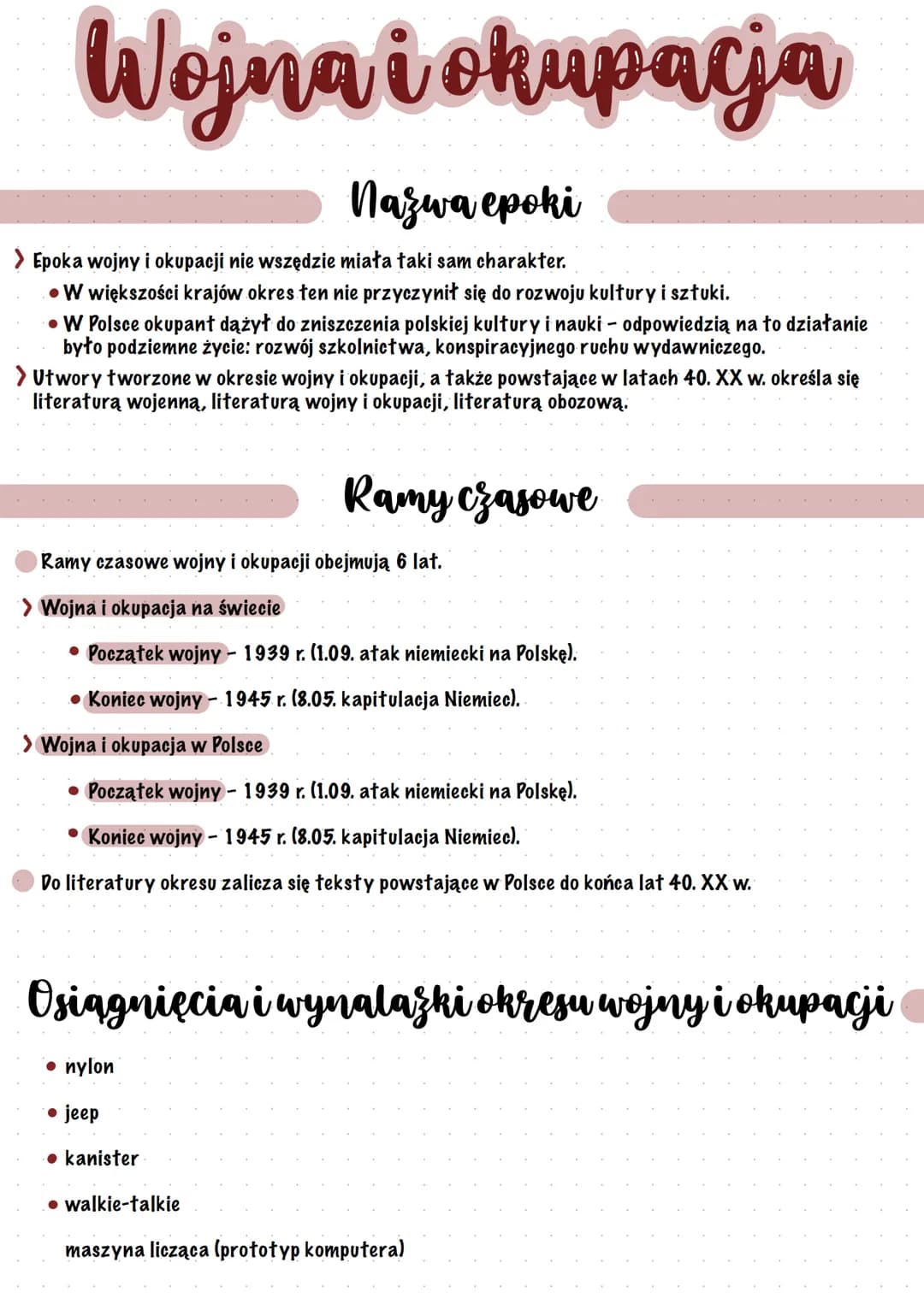 
<p>Epoka wojny i okupacji różniła się charakterem w zależności od kraju, jednak w większości krajów nie przyczyniła się do rozwoju kultury 