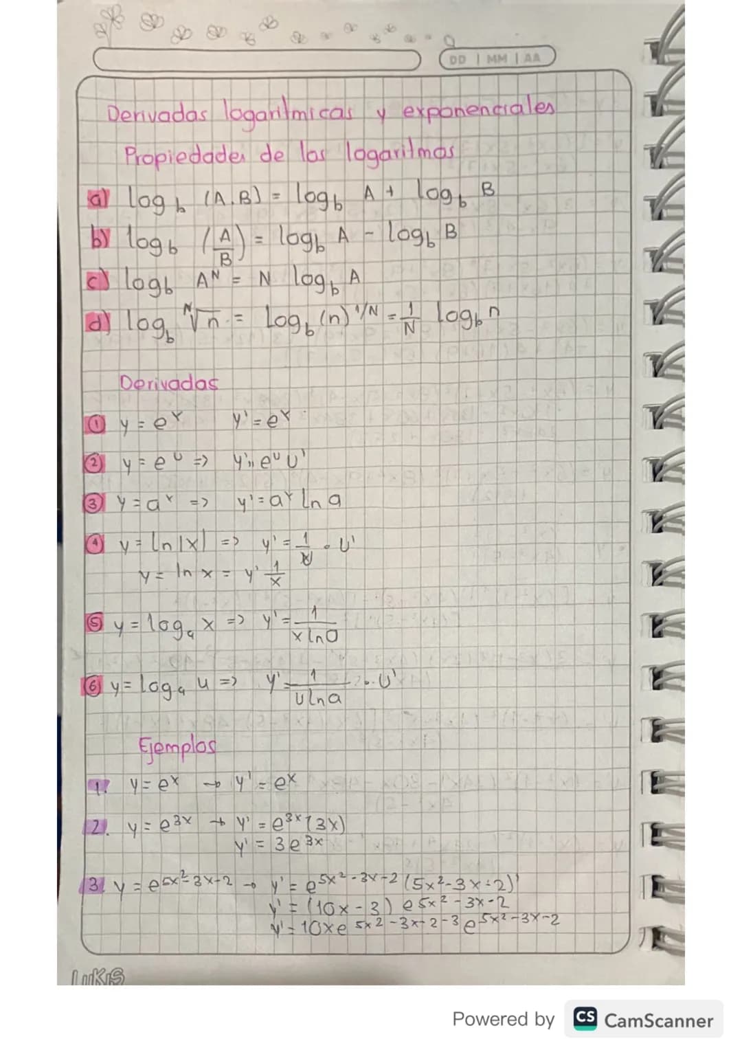 DD MM AA

# Derivadas logaritmicas y exponenciales

## Propiedades de los logaritmas

a) $log_b (A.B) = log_b A + log_b B$

b) $log_b (\frac