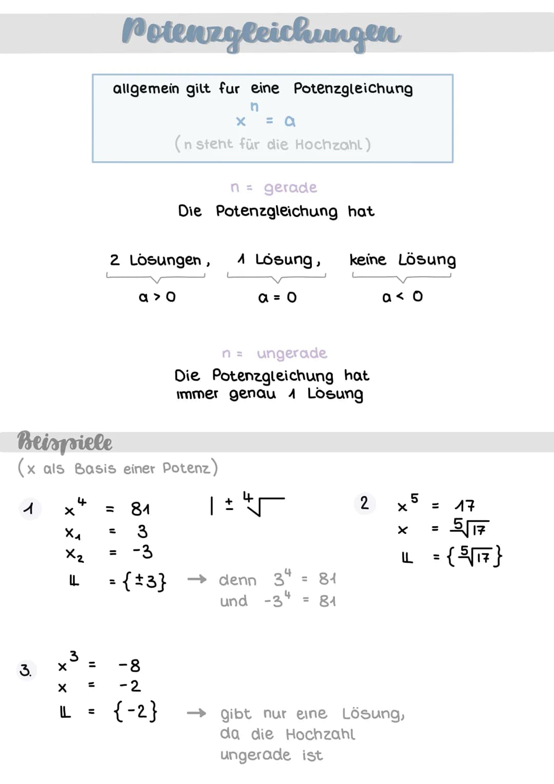 # Potenzgleichungen

allgemein gilt fur eine Potenzgleichung

$x^n = a$

(n steht für die Hochzahl)

n = gerade

Die Potenzgleichung hat

2 