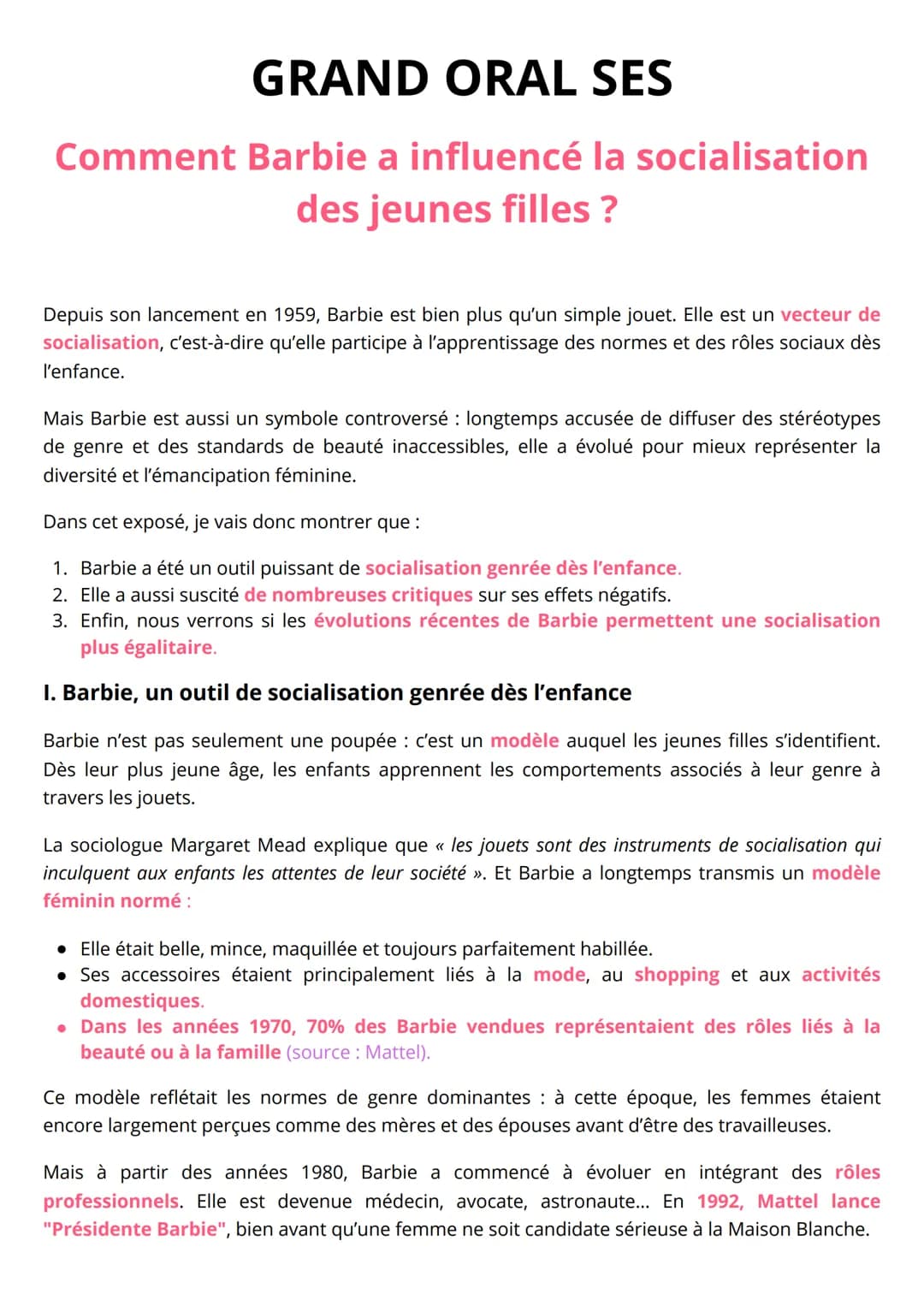 # GRAND ORAL SES

Comment Barbie a influencé la socialisation
des jeunes filles ?

Depuis son lancement en 1959, Barbie est bien plus qu'un 