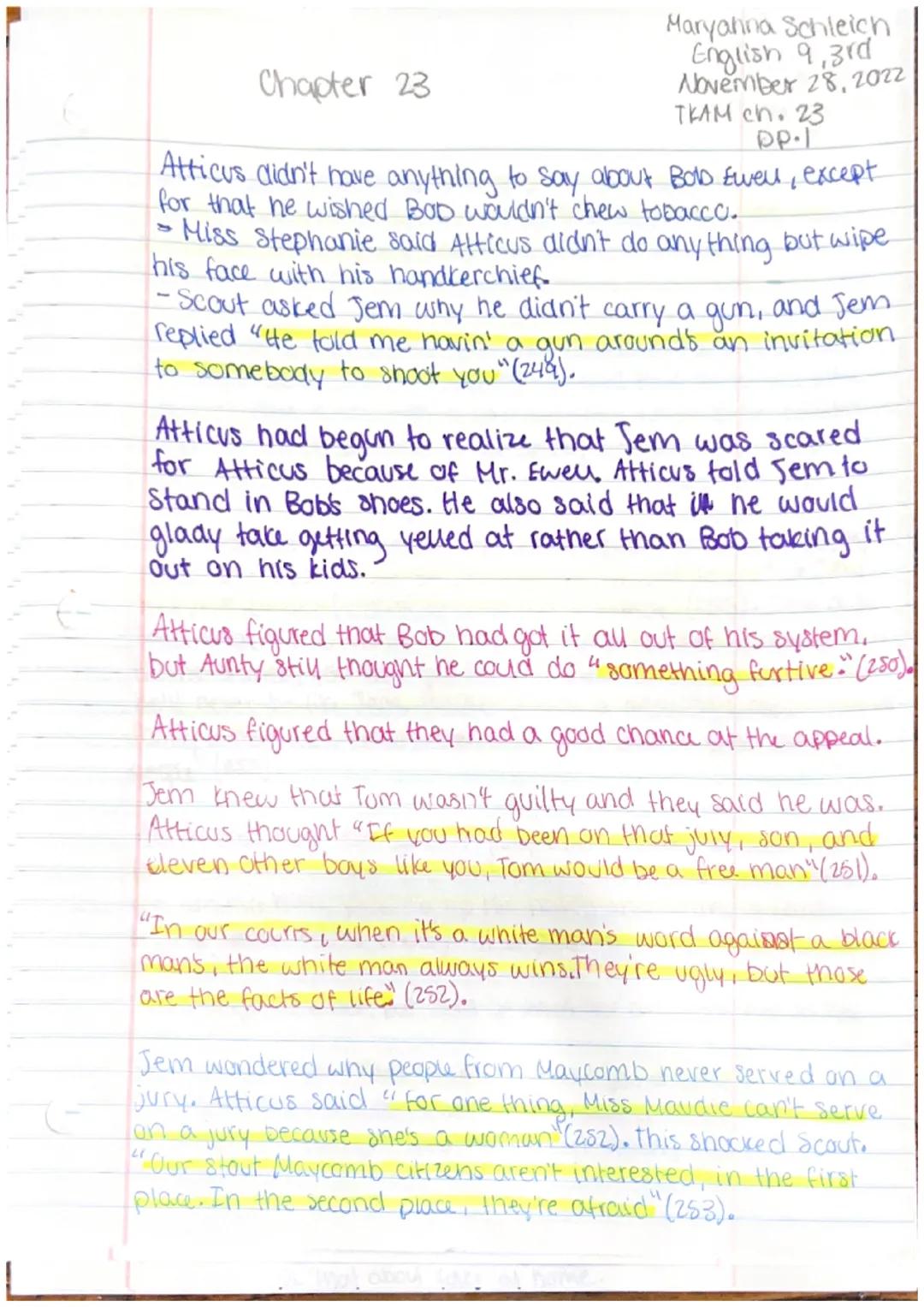 247
# Chapter 22
Maryanna Sameich
English 9,3rd
November 28, 2022
TKAM Ch. 22
pp.1
not a
As they walked home from the trial, Jem started to 
