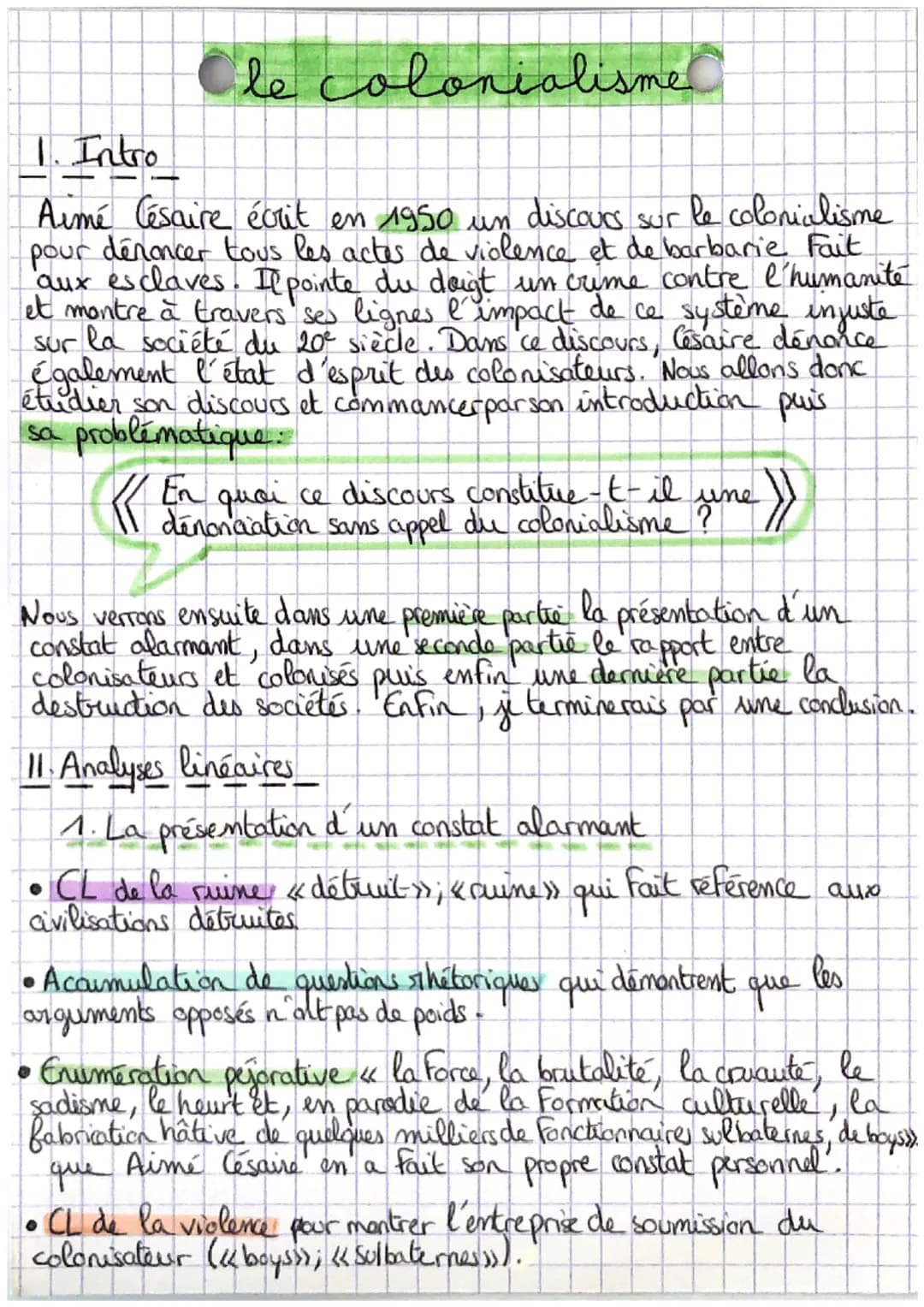 # le colonialisme

1. Intro

Aimé Césaire écrit en 1950 un discours sur le colonialisme
pour dénoncer tous les actes de violence et de barba