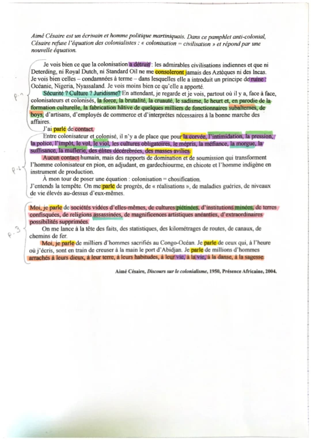 # le colonialisme

1. Intro

Aimé Césaire écrit en 1950 un discours sur le colonialisme
pour dénoncer tous les actes de violence et de barba
