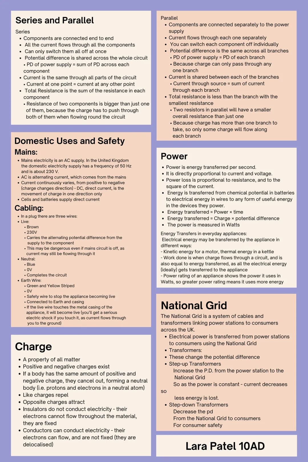 # PHYSICS T2 - ELECTRICITY

Lara Patel - 10AD

Electrical Current
Current is:
- Flow of electrical charge
- Greater rate of flow of charge (