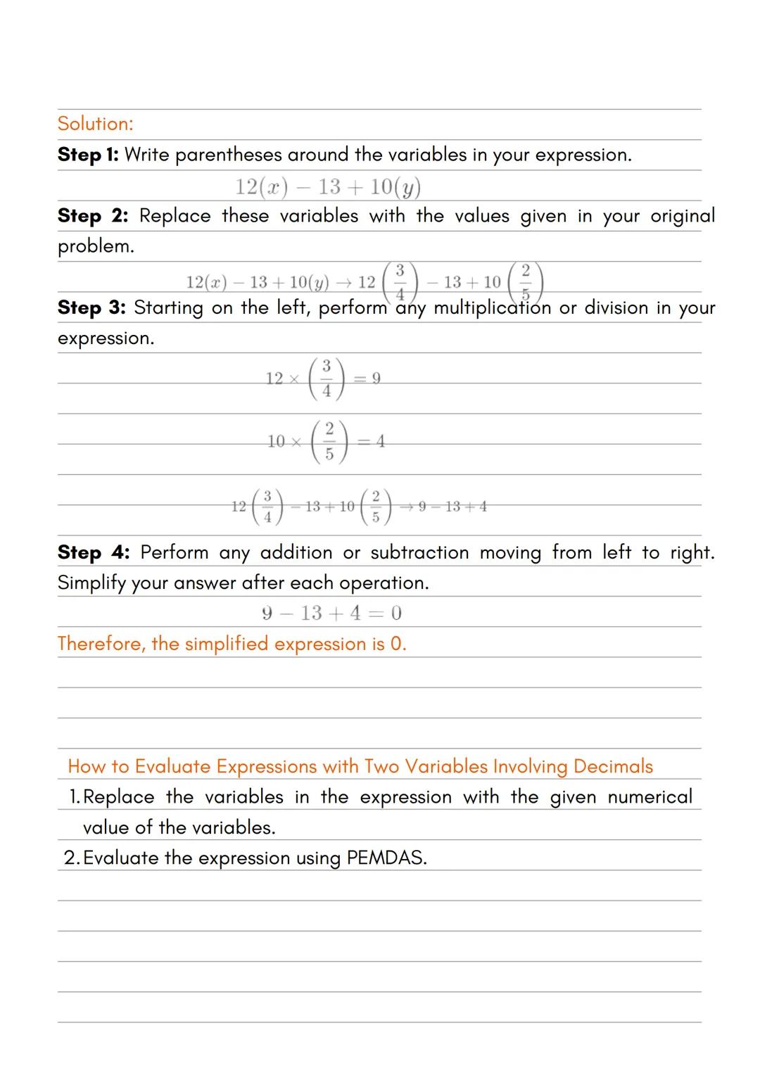 # EVALUATING EXPRESSIONS WITH
# TWO VARIABLES: FRACTIONS & DECIMALS

How to Evaluate Expressions with Two Variables Involving Fractions

1. 