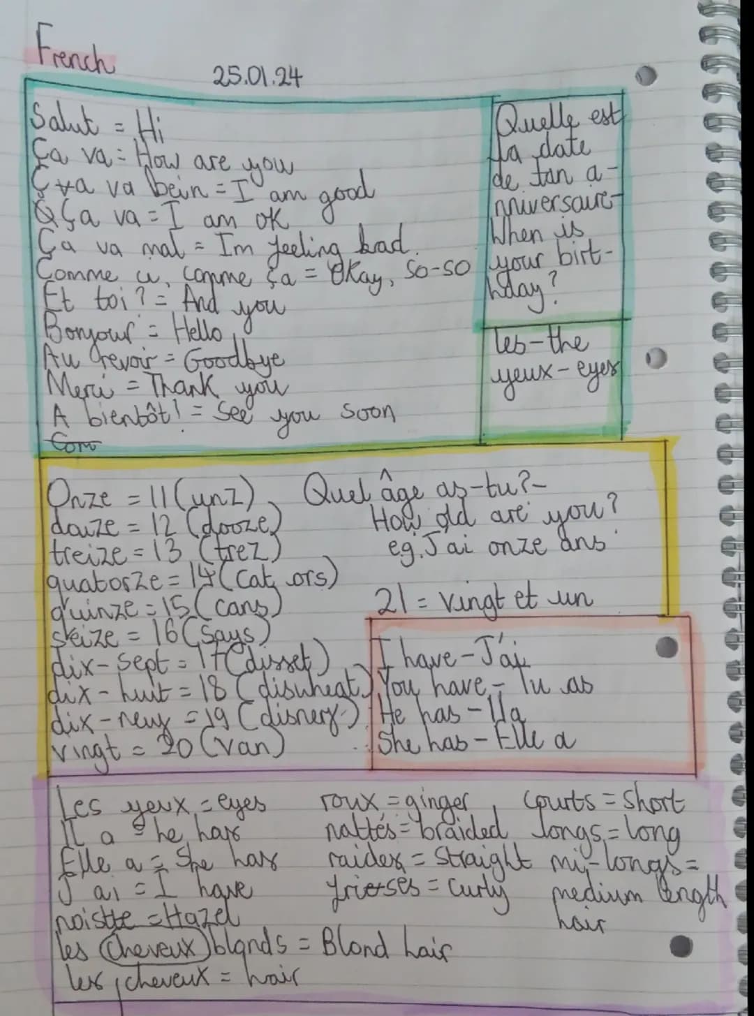 French
25.01.24
Salut = Hi
Ça va: How are you
C ya va bein - I am good
Qça va = I am ok
Ga va mat = Im Jeeling bad.
Comme u, comme ça = Okay