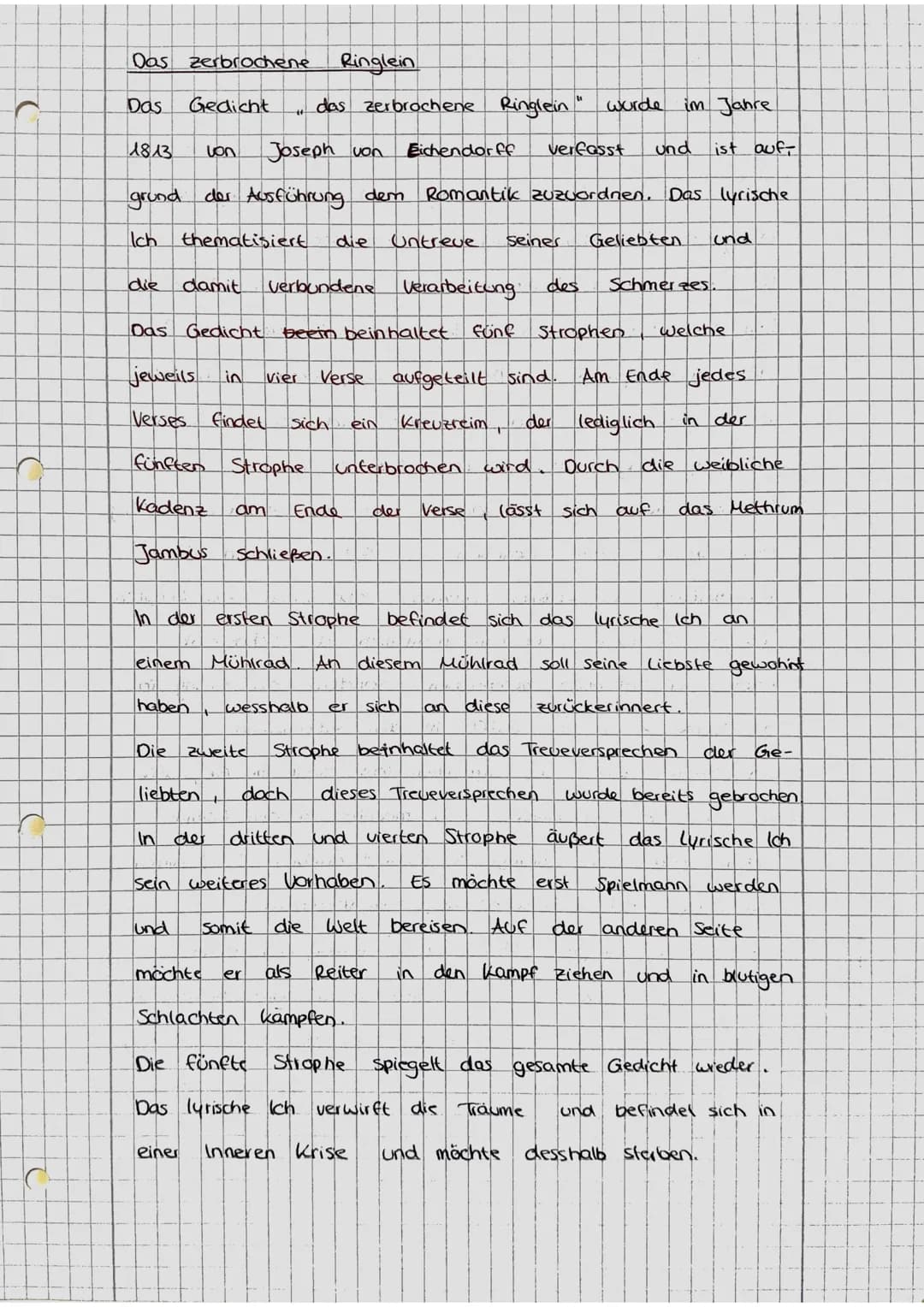 Das zerbrochene
Ringlein

Das Gedicht "das zerbrochene Ringlein" wurde im Jahre
1813 von Joseph von Eichendorff verfasst und ist auf-
grund 