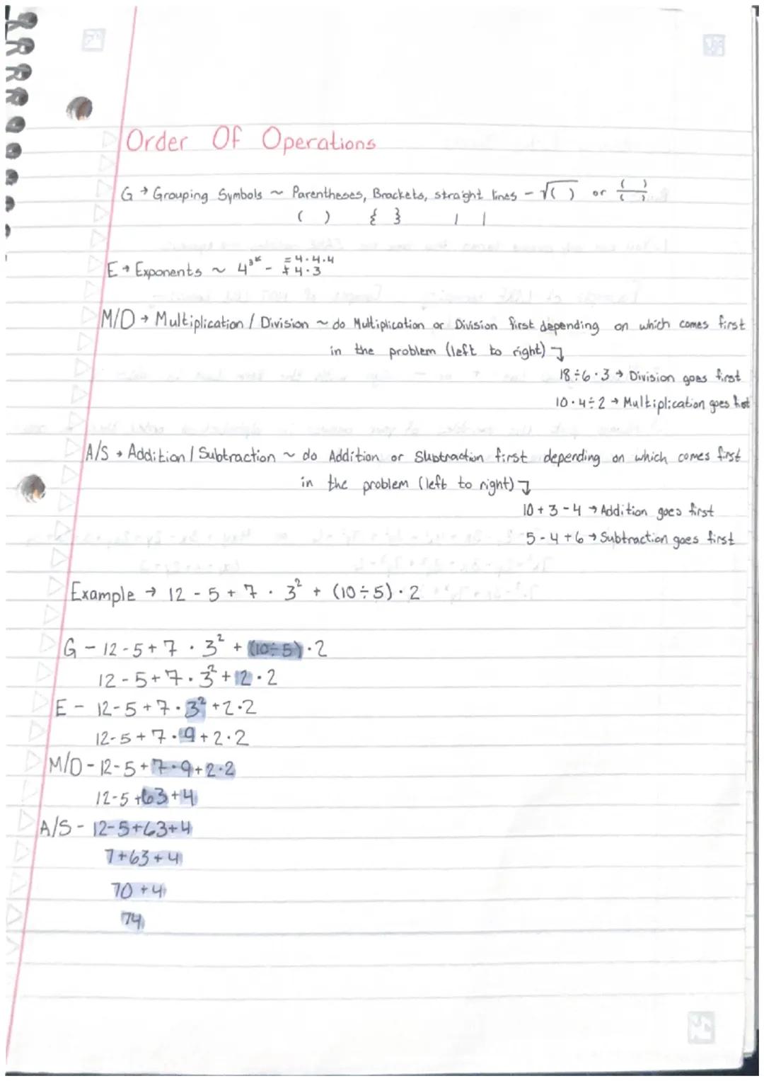 Order Of Operations.
GGrouping Symbols Parentheses, Brackets, straight lines$\sqrt{()}$ or $\frac{()}{}$
()
EExponents~4*- :"
MID Multiplica