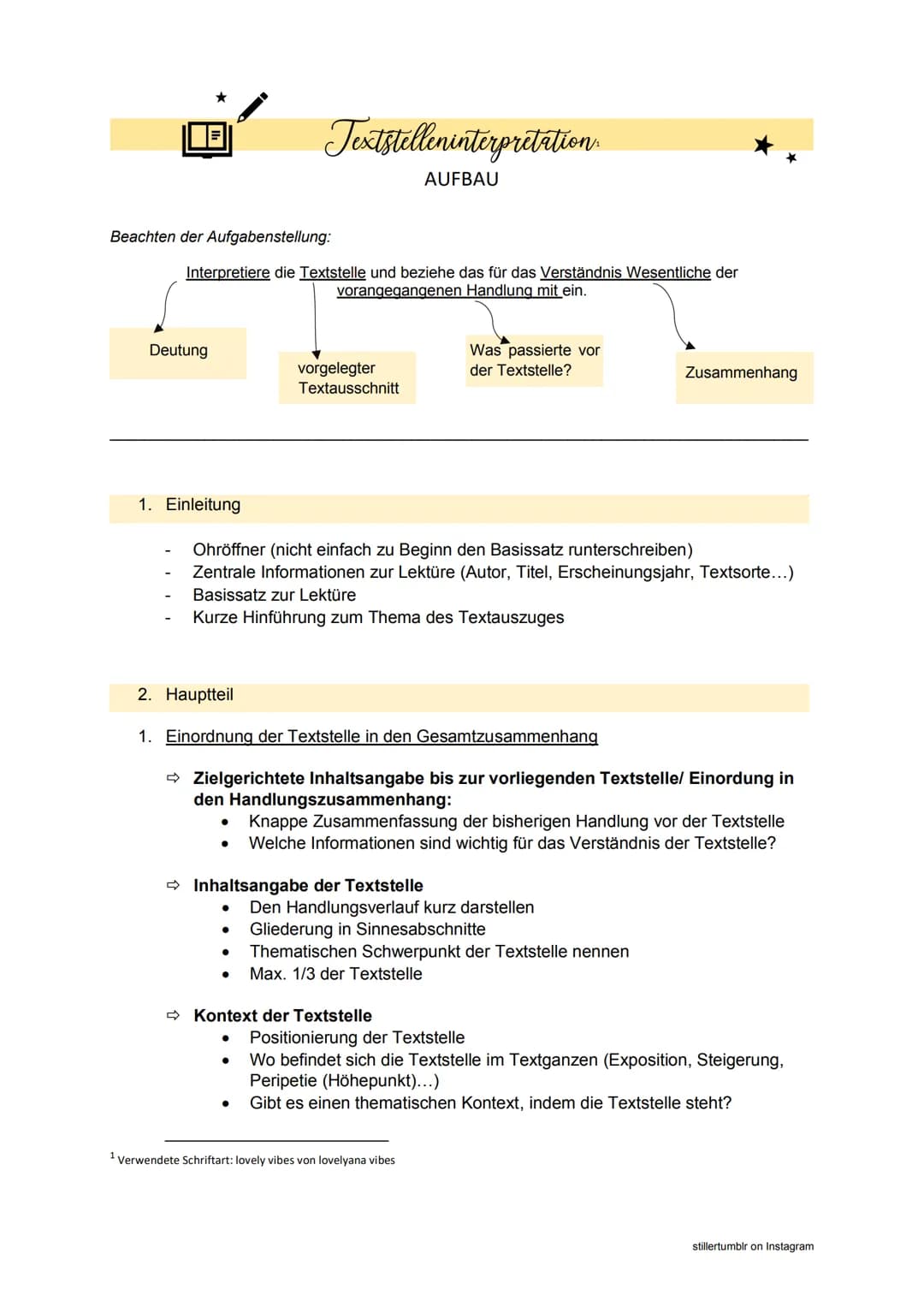 # Textstelleninterpretation
AUFBAU

Beachten der Aufgabenstellung:

Interpretiere die Textstelle und beziehe das für das Verständnis Wesentl