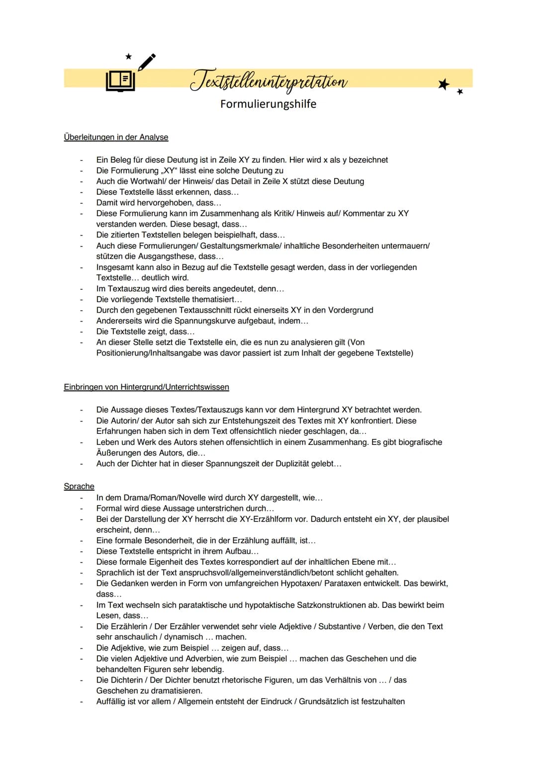 # Textstelleninterpretation
AUFBAU

Beachten der Aufgabenstellung:

Interpretiere die Textstelle und beziehe das für das Verständnis Wesentl