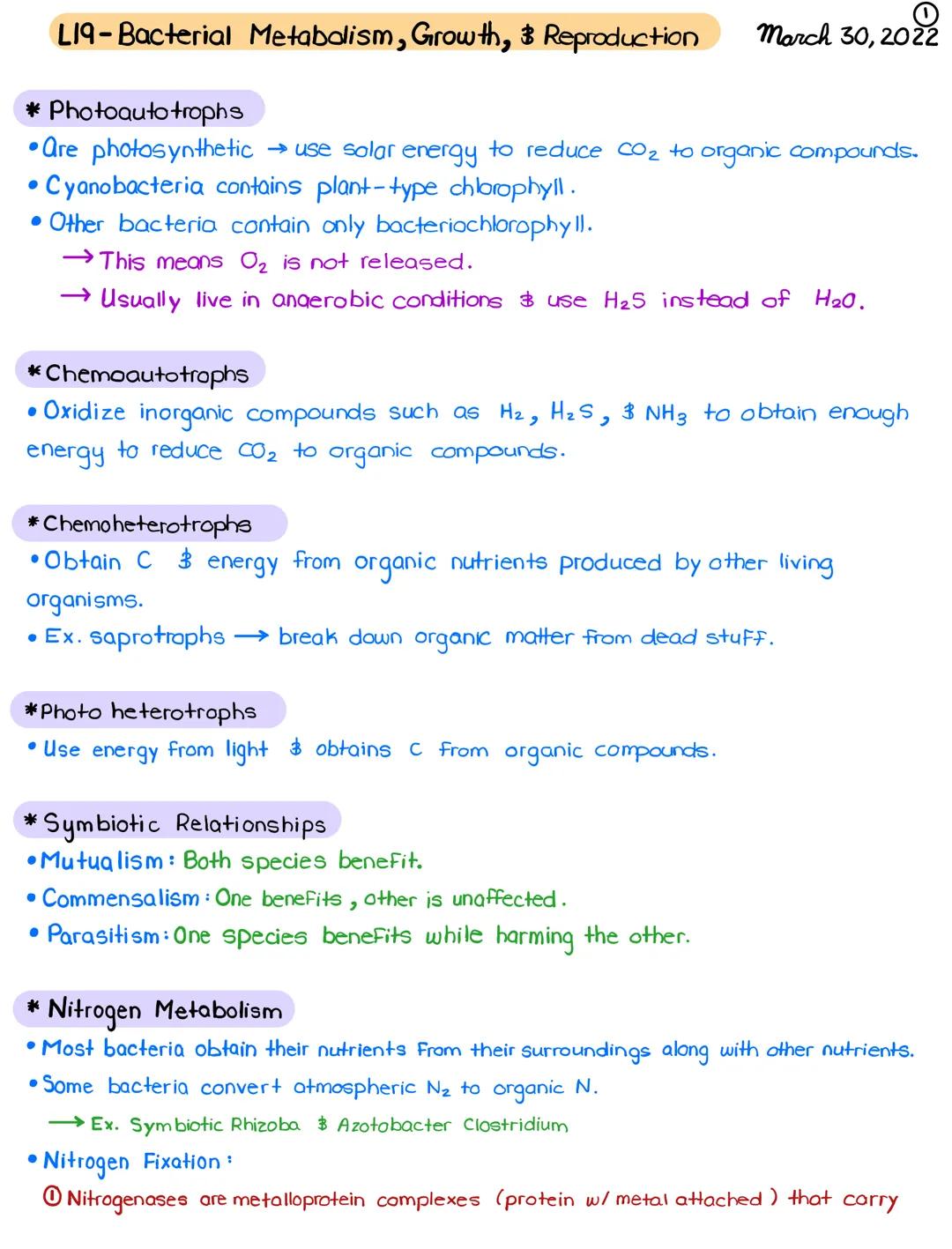 L19-Bacterial Metabolism, Growth, & Reproduction March 30, 2022

* Photoautotrophs
• Are photosynthetic use solar energy to reduce Co₂ to or
