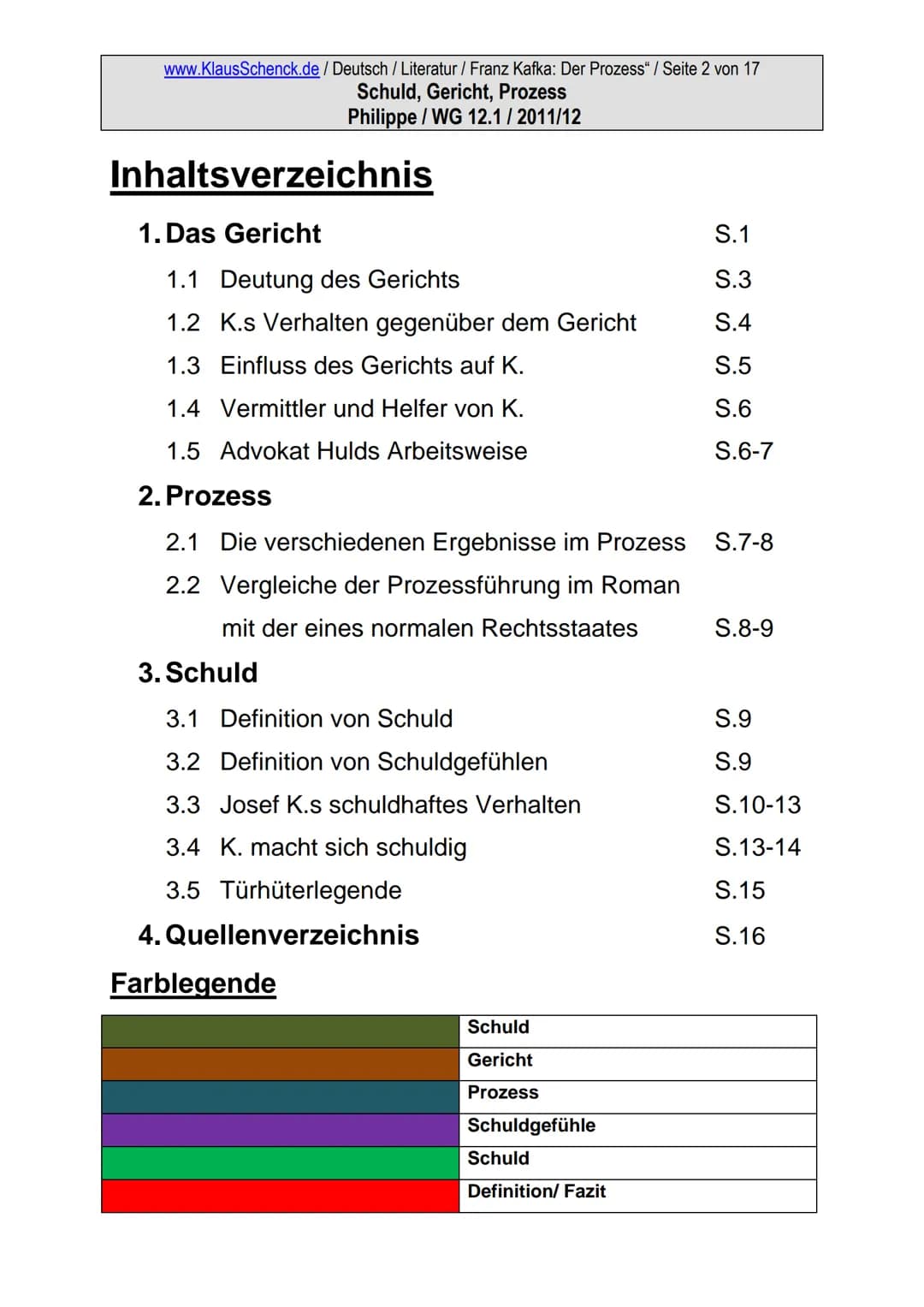 www.KlausSchenck.de / Deutsch / Literatur / Franz Kafka: Der Prozess" / Seite 1 von 17
Schuld, Gericht, Prozess
Philippe/WG 12.1/2011/12

# 
