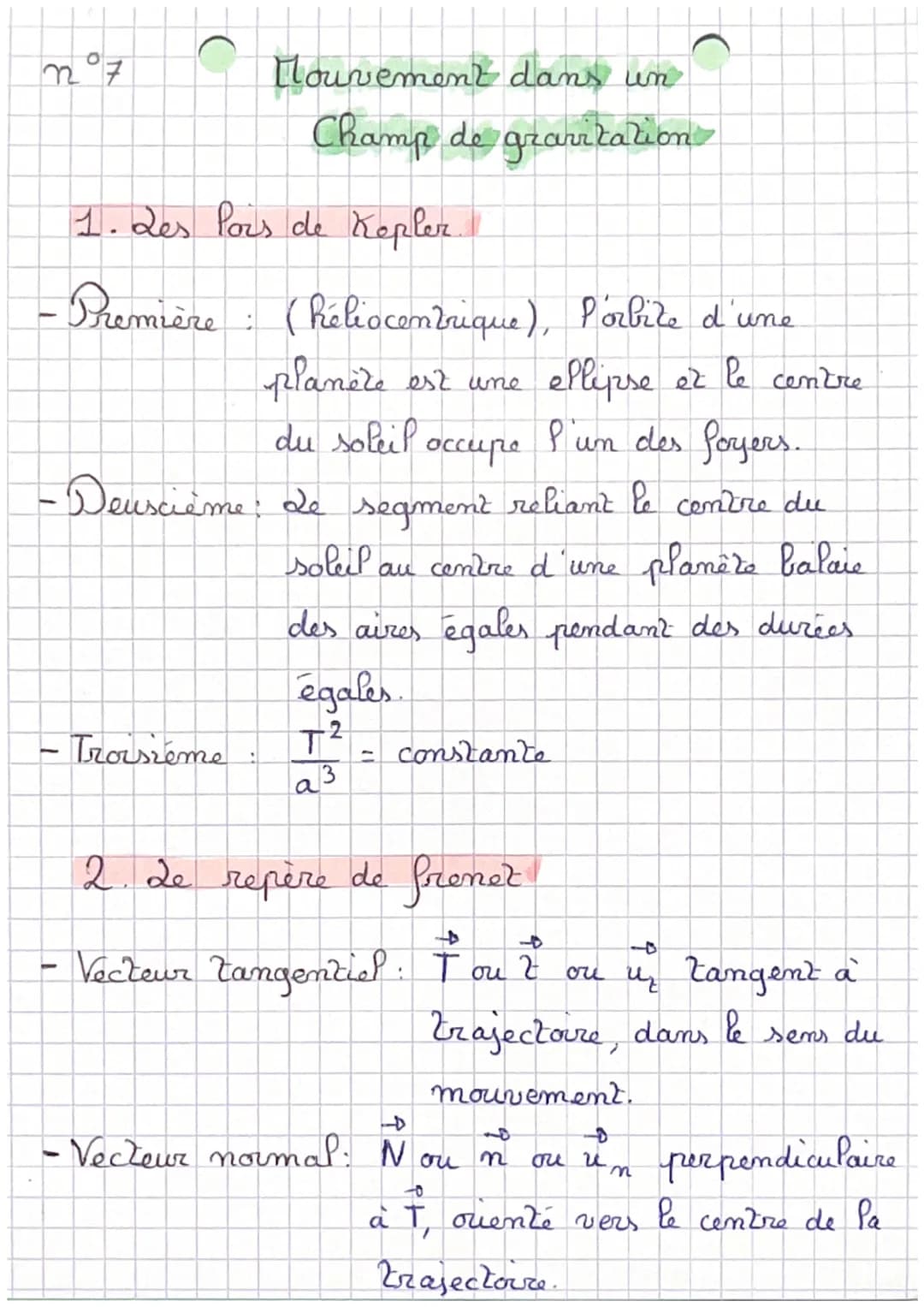 n°7

Mouvement dans un
Champ de gravitation

1. Les Pois de Xopler

- Première : (Réliocentrique), P'orbite d'une
planète est une ellipse et
