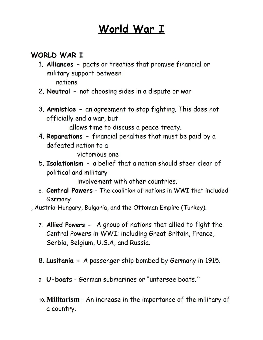 # World War I

WORLD WAR I

1.  Alliances - pacts or treaties that promise financial or
military support between
nations
2.  Neutral - not c