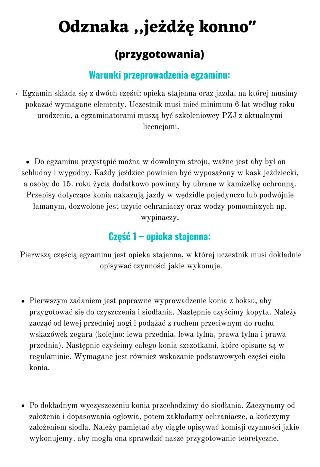 # Odznaka „jeżdżę konno"

(przygotowania)

## Warunki przeprowadzenia egzaminu:

*   Egzamin składa się z dwóch części: opieka stajenna oraz
