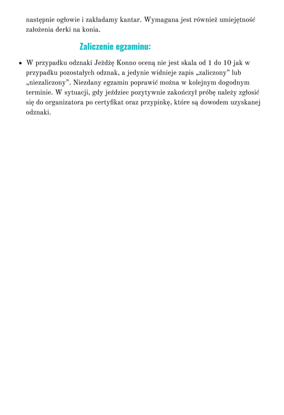 # Odznaka „jeżdżę konno"

(przygotowania)

## Warunki przeprowadzenia egzaminu:

*   Egzamin składa się z dwóch części: opieka stajenna oraz