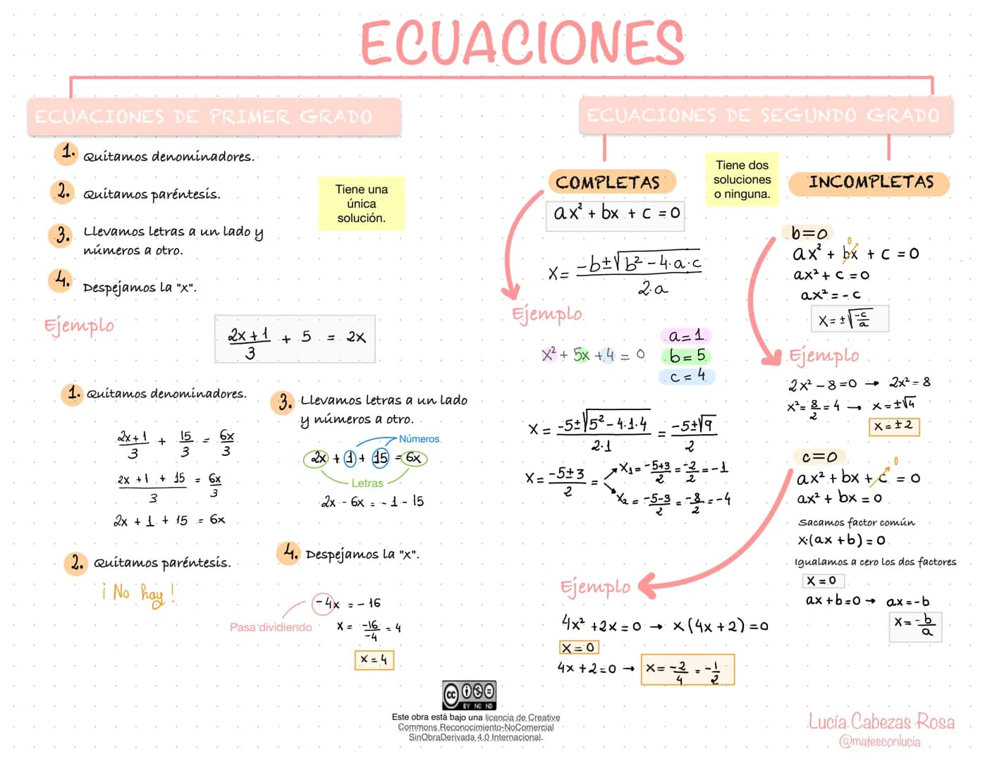 # ECUACIONES

ECUACIONES DE SEGUNDO GRADO

COMPLETAS

ax² + bx + c = 0

$x=\frac{-b\pm\sqrt{b^2-4\cdot a \cdot c}}{2 \cdot a}$

Ejemplo.

$x