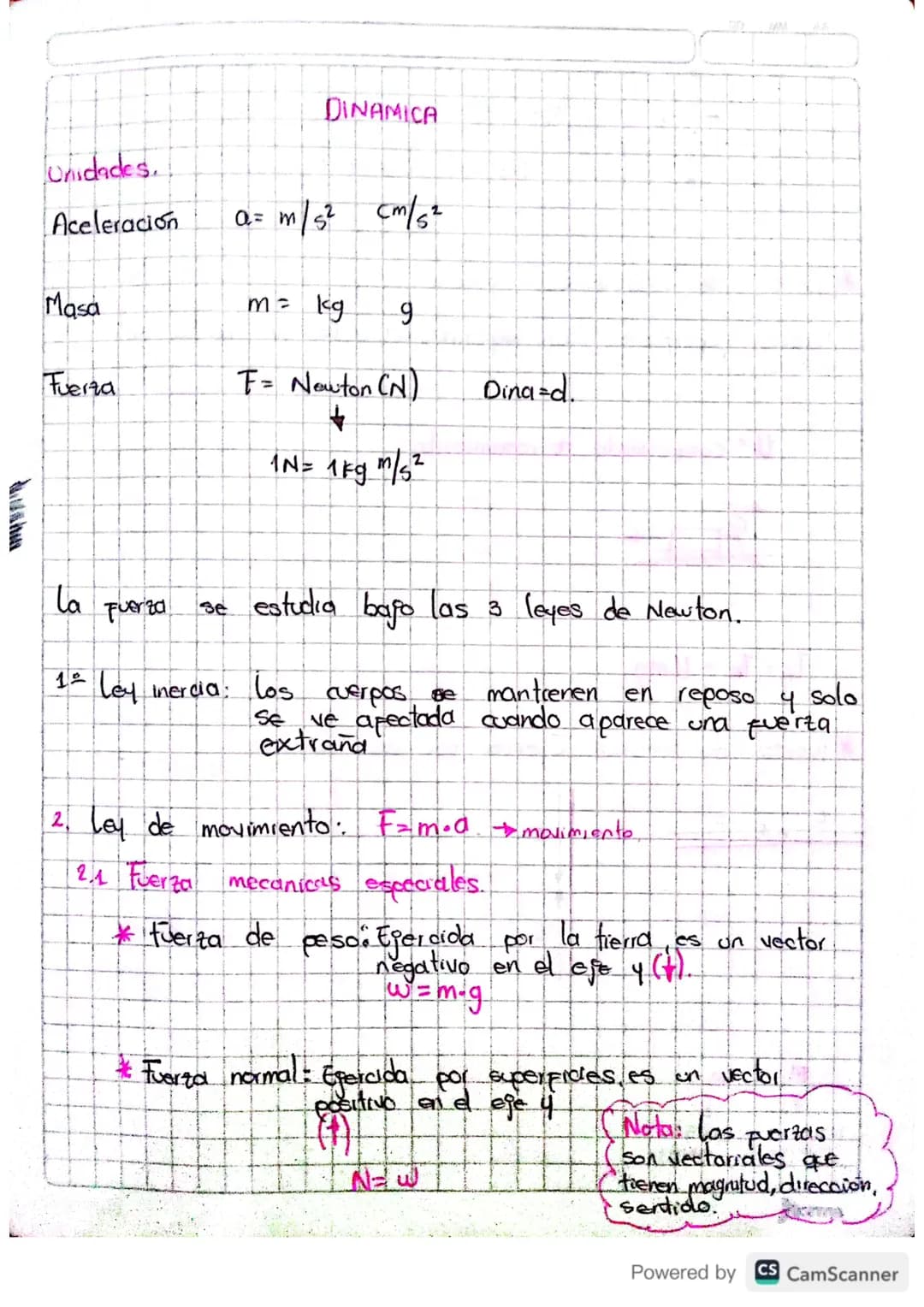 DINAMICA

Unidades.

Aceleración
a= m/s2 cm/s²

Masa
m = kg
9
Fuerza
F= Newton (N)
Dina-d.

1N= 1kg m/s²

La Fuerza se estudia bajo las 3 le