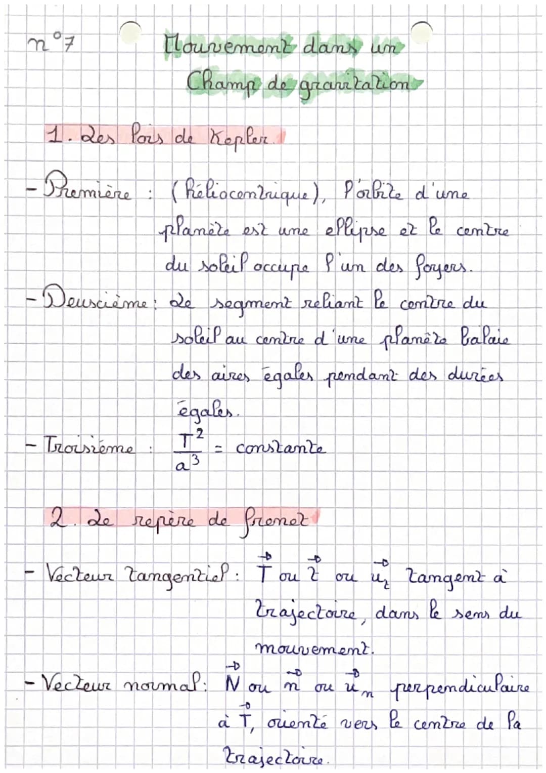 n°7

Mouvement dans un
Champ de gravitation

1. Les Pors de Kepler

- Première : (Réliocentrique), Porbite d'une
 planète est une ellipse et