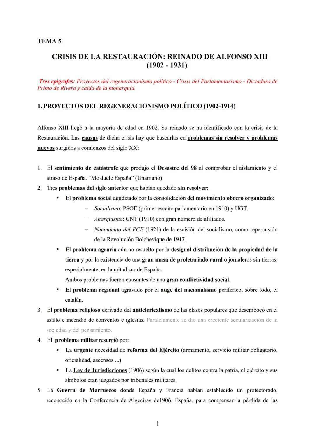 TEMA 5

CRISIS DE LA RESTAURACIÓN: REINADO DE ALFONSO XIII
(1902-1931)

Tres epigrafes: Proyectos del regeneracionismo político - Crisis del