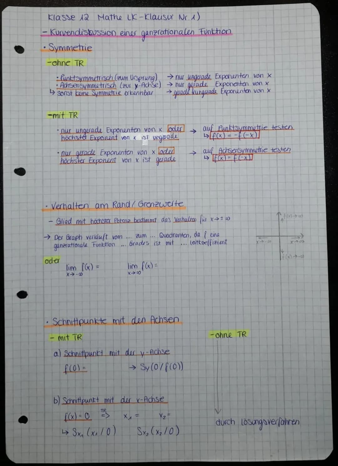 Klasse 12 Mathe LK-Klausur Nr. 1)
- Kurvendiskussion einer ganzrationalen Funktion
• Symmetrie
-ohne TR
•Punktsymmetrisch (zum Ursprung) nur