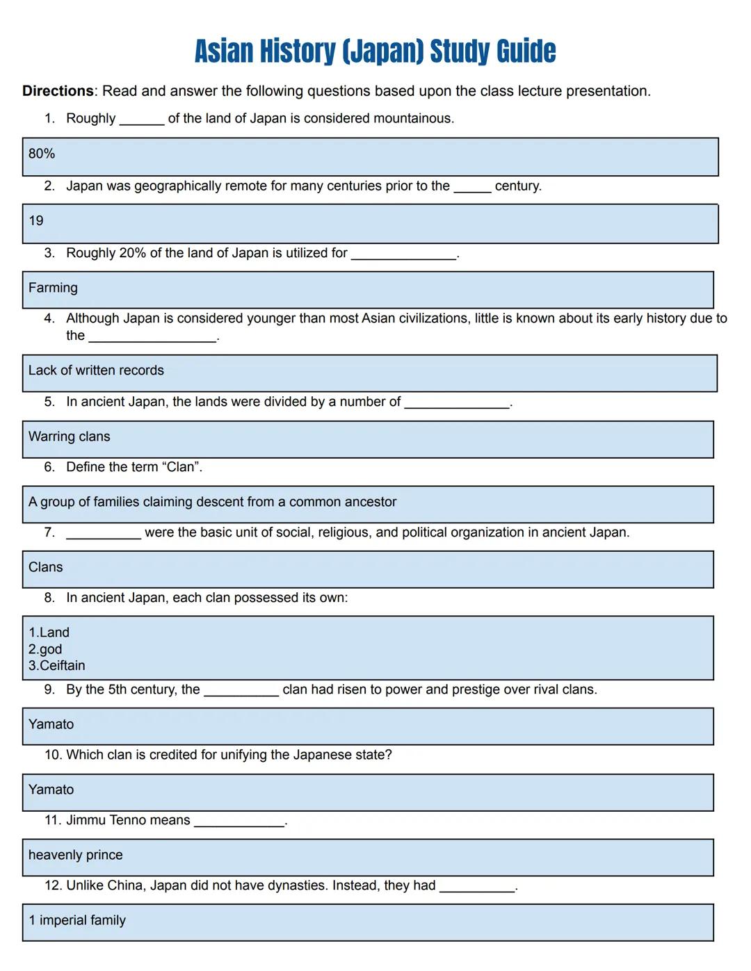 # Asian History Study Guide Packet
(Japan)

ASIAN
HISTORY # Asian History (Japan) Study Guide

Directions: Read and answer the following que