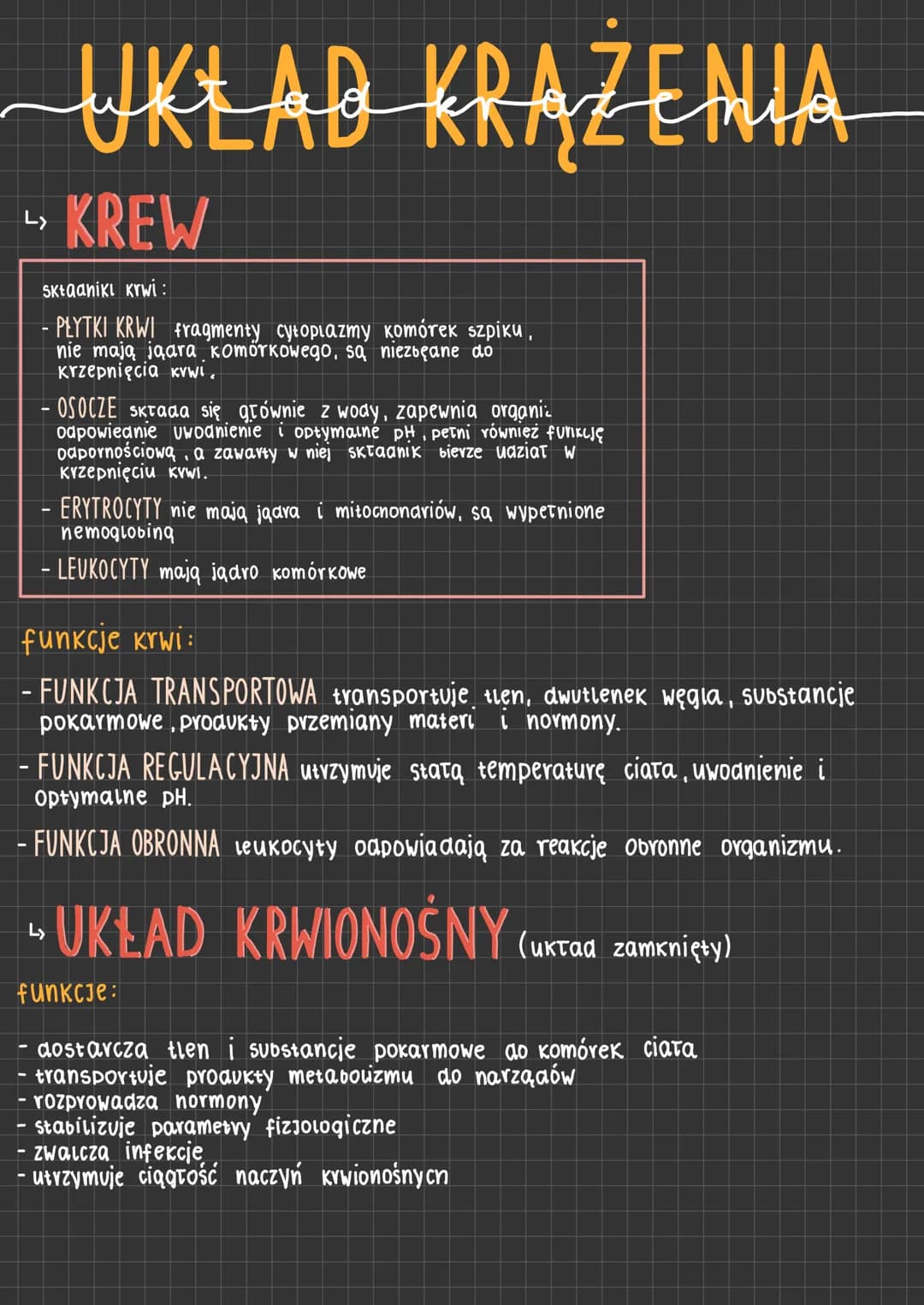 # UKŁAD KRĄŻENIA

KREW

sktaaniki krwi :
- PŁYTKI KRWI fragmenty cytoplazmy komórek szpiku,
nie mają jąara komórkowego, są niezbęane do
Krze