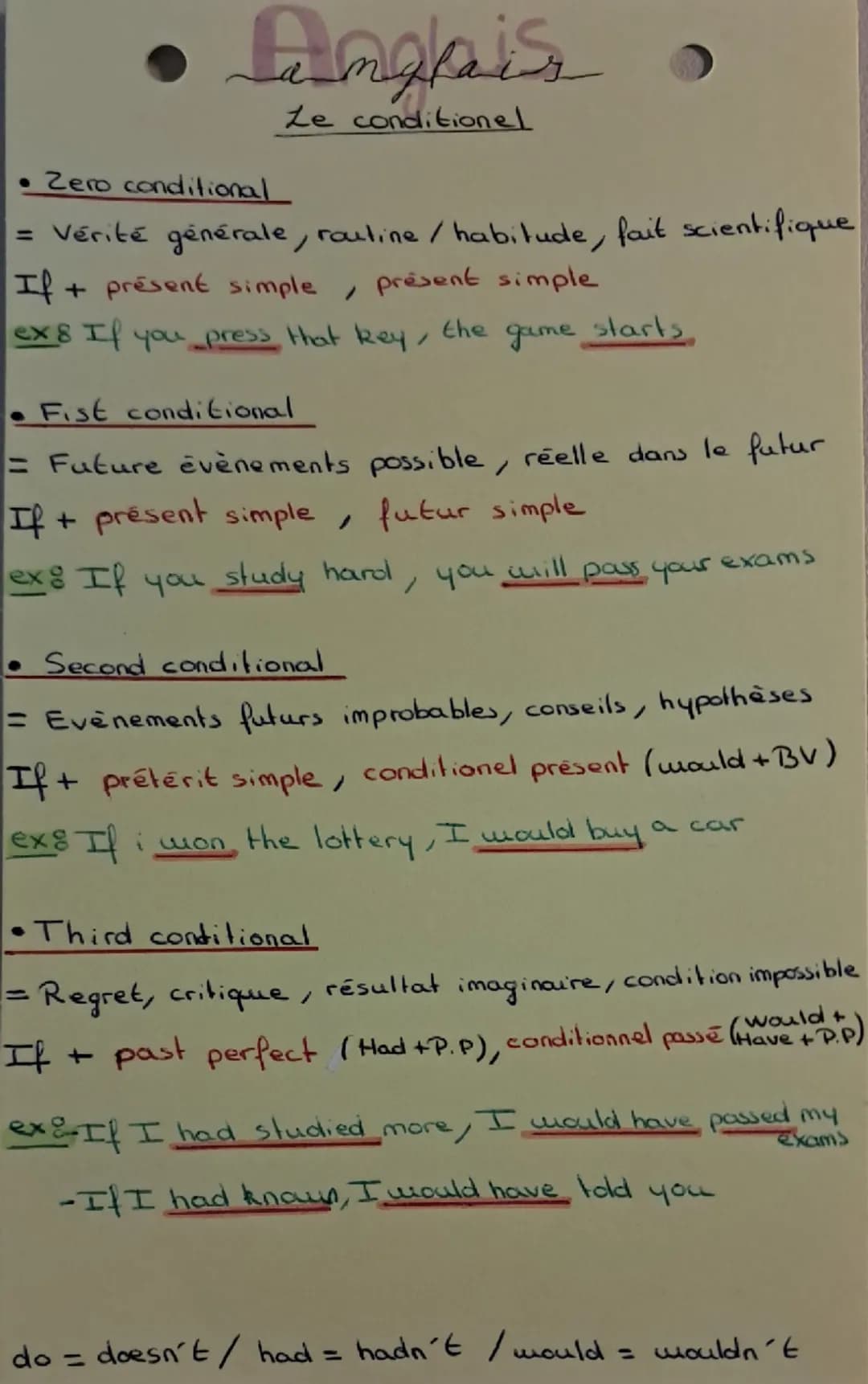 # Angais.

Le conditionel

• Zero conditional

= Vérité générale, rauline / habitude, fait scientifique

If + présent simple , present simpl