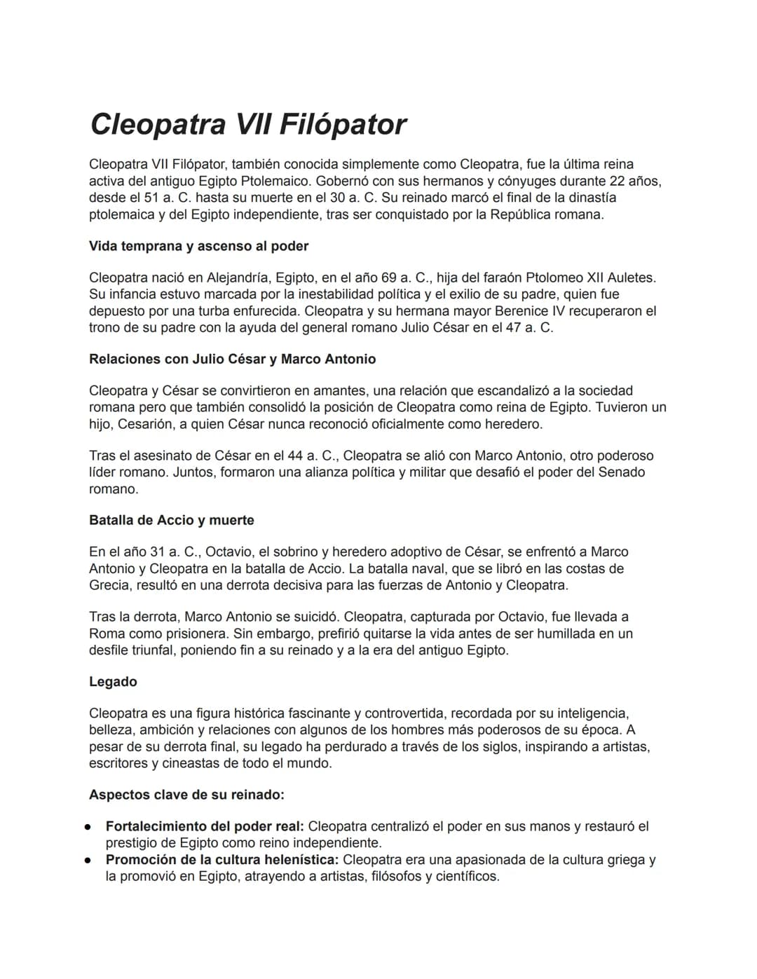 # Cleopatra VII Filópator

Cleopatra VII Filópator, también conocida simplemente como Cleopatra, fue la última reina
activa del antiguo Egip