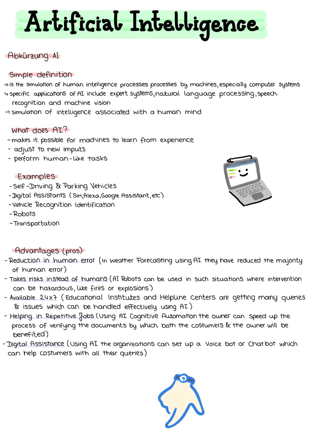 # Artificial Intelligence

Abkürzung: AI

Simple definition

→ is the simulation of human intelligence processes processes by machines, espe